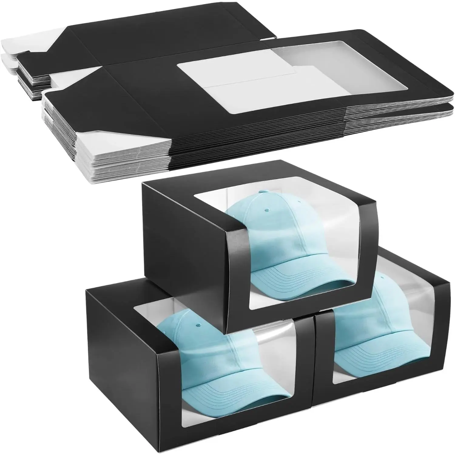 12 count Cap Box with Window Display, Hat Storage Boxes, Sturdy Paper Hat Boxes, Display Boxes for Baseball Caps, Fold Packing Boxes for  Storage, 7.9×7.9×4.7"