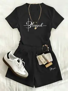 2-piece set, lucky Korean lazy style sportswear short sleeve and hot pants set, women's fashion top and shorts set
