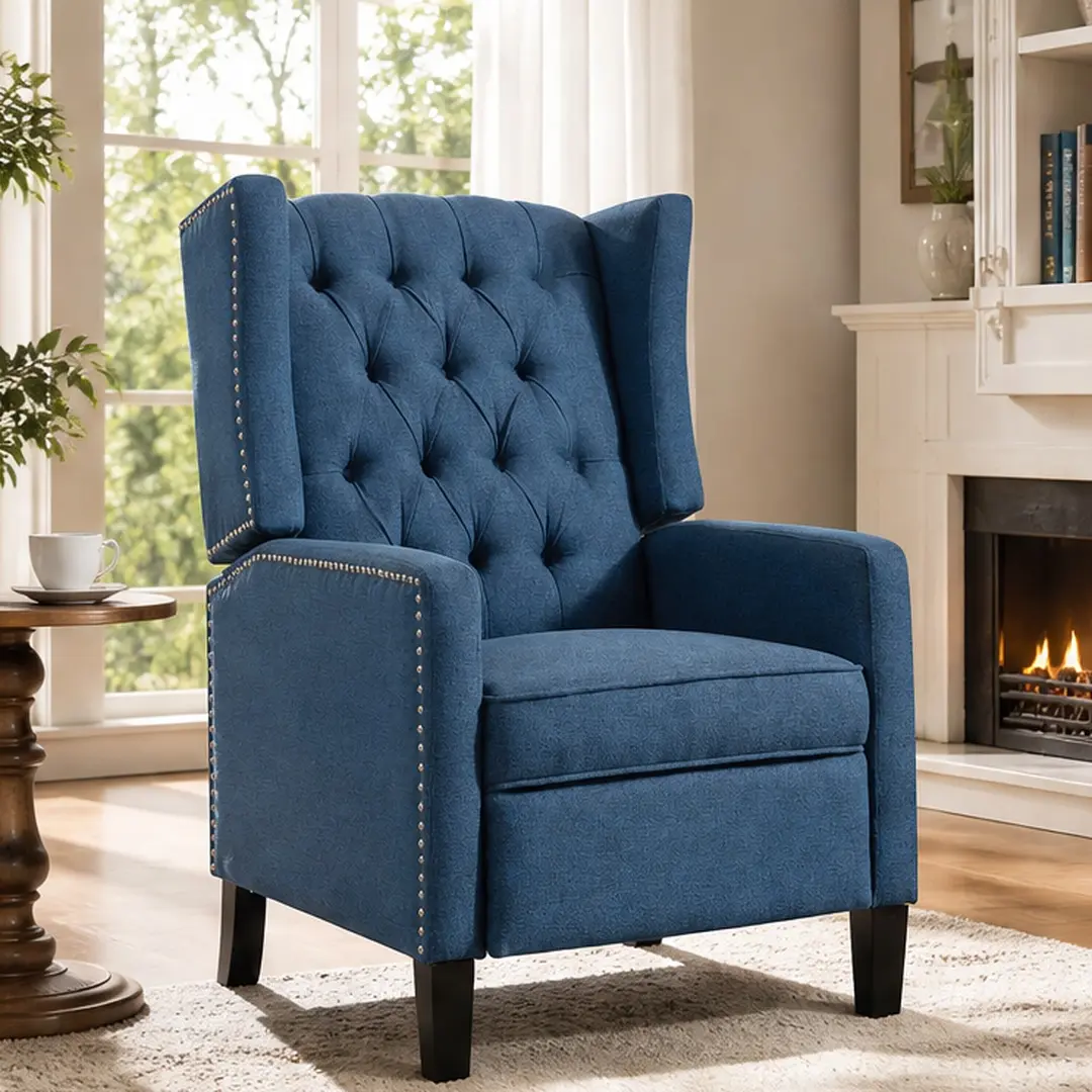 ARCH Manual Wing Chair Recliner 27.16" Wide Living Room Reclining Chair with Pull Tab, High Back Fabric Armchair with Silver Nailheads, Multiple Color Options, Polyester Upholstered Single Seat for Home, Beige/Black/Blue/Grey Color Options