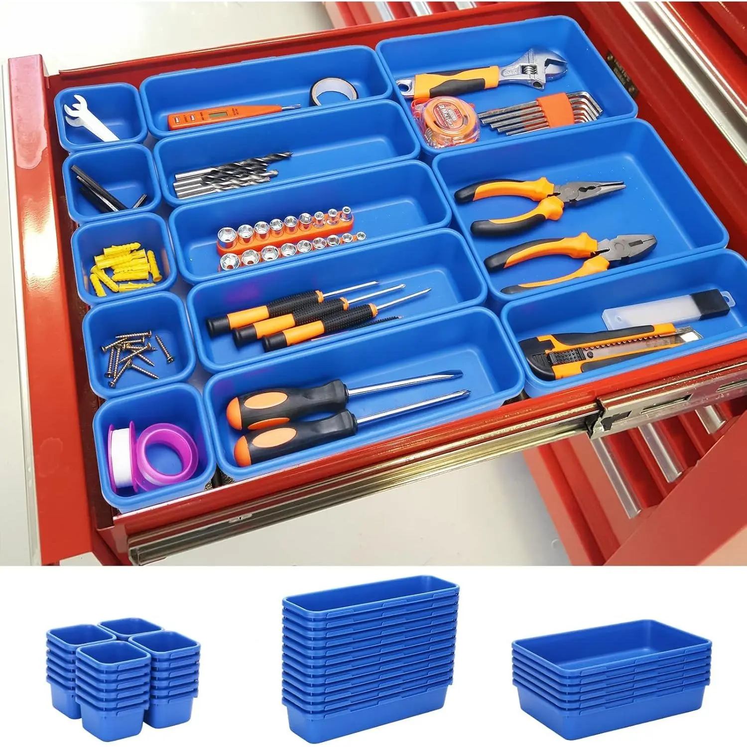 42 Pack Tool Box Organizer Tool Tray Dividers, Rolling Tool Chest Cart Cabinet Workbench Desk Drawer Organization and Storage for Hardware, Parts, Screws, Nuts, Small Tools Organization(Blue)