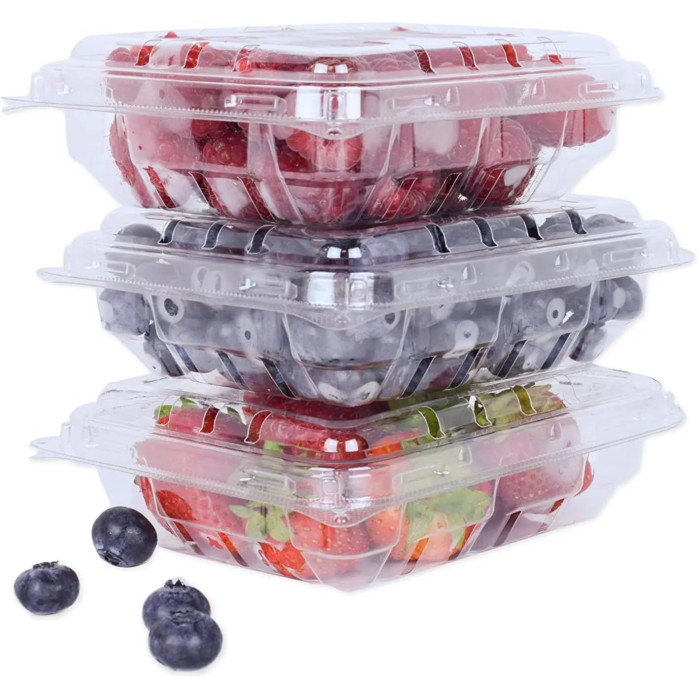 42 Pack - 6 Ounce Clear Plastic Vented Berry Containers with Clamshell  - For Blueberries, Raspberries, Blackberries