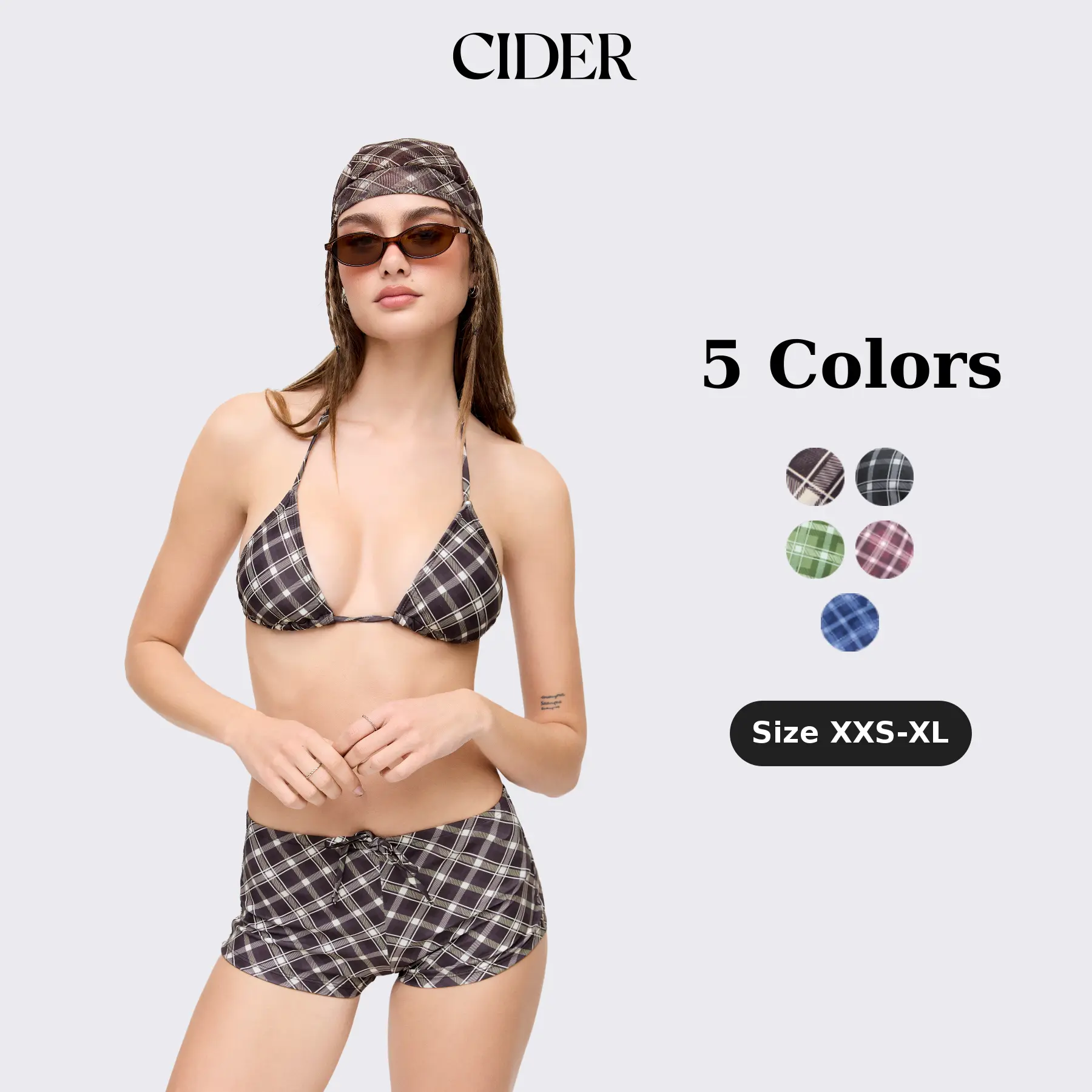 Cider 4-Piece Set Halter Neckline Check Knotted Triangle Tie Side Bikini Set With Cover Up Shorts & Headscarf Chic Swimsuit Set Fashion Beachwear Swimwear SummerWins SummerFinds