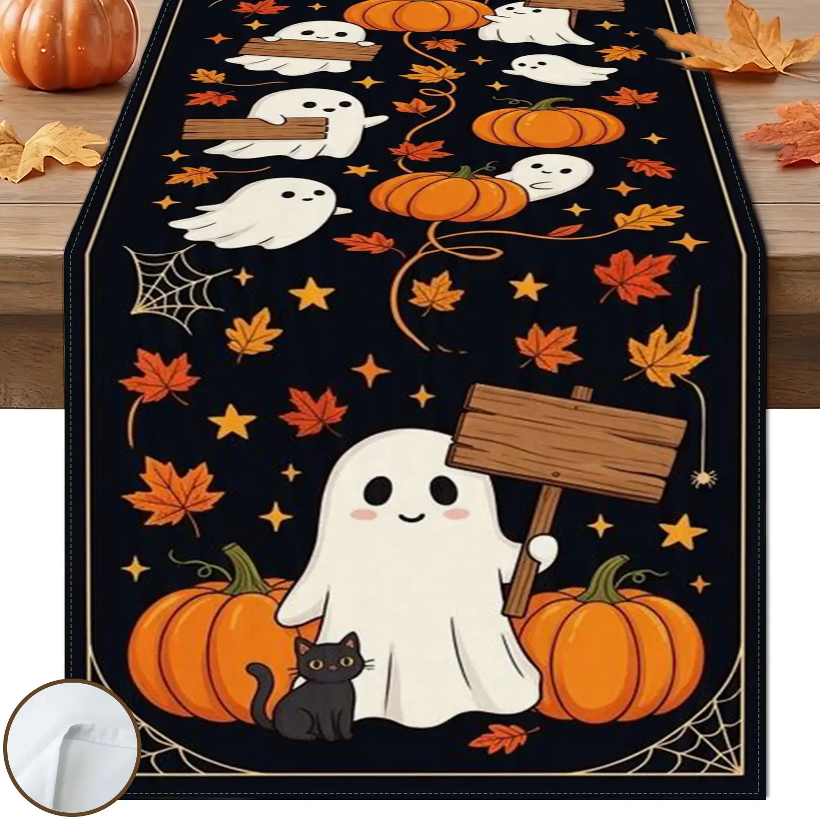 1pc Black Ghost Sign Table Runner, Halloween Fall Cartoon Style, Black White Ghost Wood Sign Pumpkin Kitten Star Pattern, for Halloween Party Table Decor.