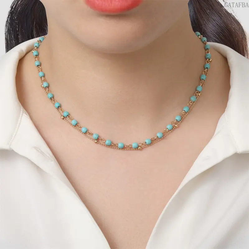 Female Trendy Gold Double-Layer Round Shape Artificial Pearl Turquoise Beaded Necklace - Adjustable Chain Turquoise Jewelry for Casual Sports, Outdoor Activities