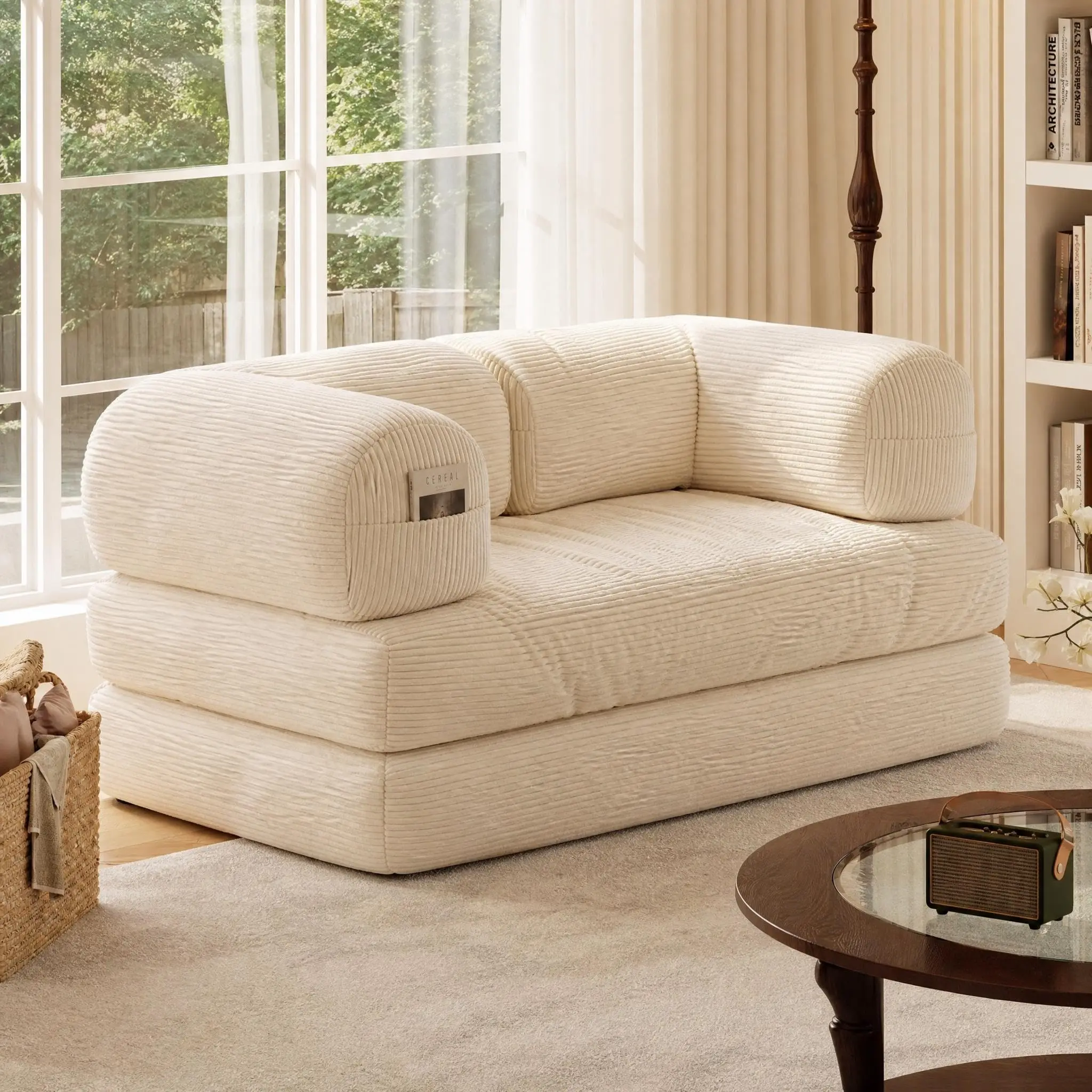 4-in-1 Convertible Folding Sofa Bed – Corduroy Boneless Loveseat Sleeper with Storage Pocket, No Assembly Required