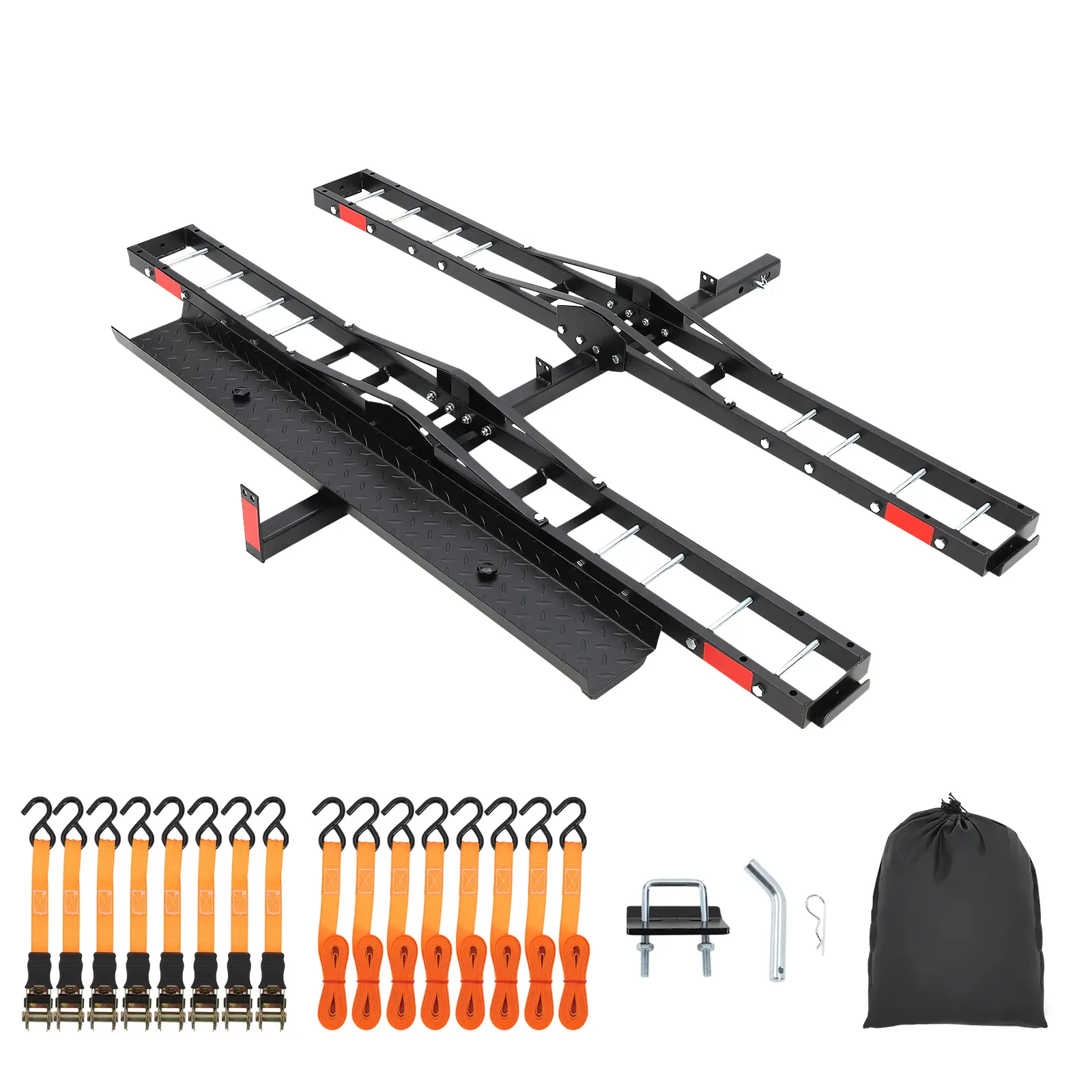 Motorcycle Hitch Carrier for 2 Bikes Rack – Heavy Duty Steel Rack with Loading Ramp – 600 lbs Capacity – Includes Stabilizers & Ratchet Straps – Fits Dirt Bikes, eBikes, Scooters – For 2" Truck/SUV/RV Receiver