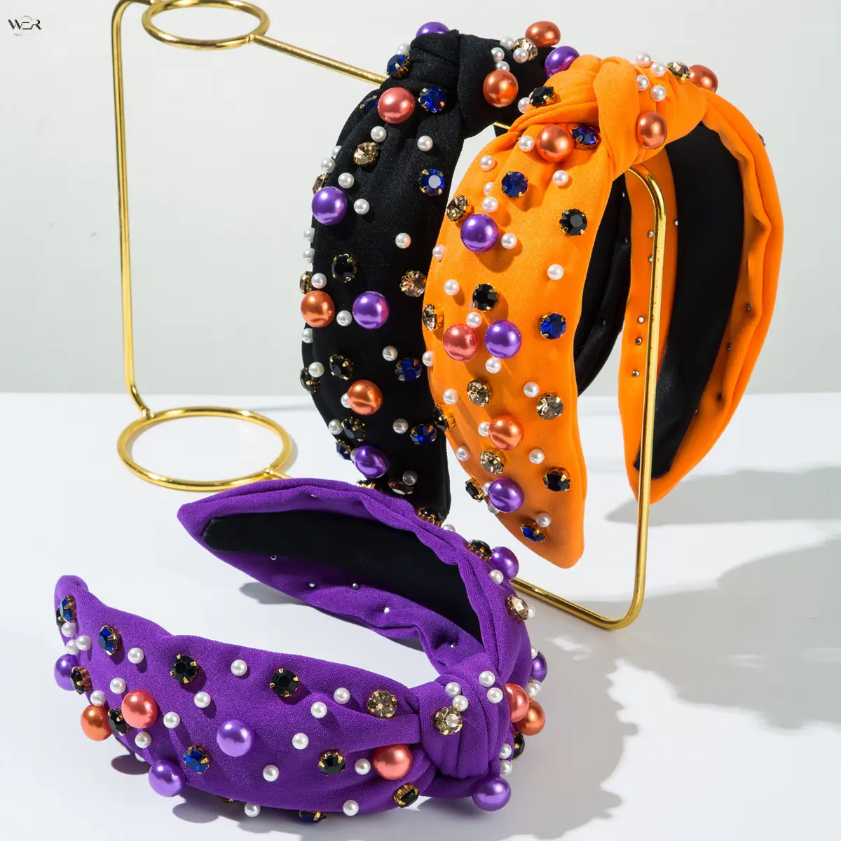 Halloween Knotted Headband for Women, Jeweled Rhinestone Pearl Beaded Wide Turban Headband, Purple Orange Black Fabric Top Knot Hair Hoop for Halloween Party Costume Accessories
