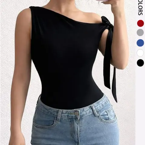 Summer Women's Asymmetric Neckline T-Shirt, Chic Casual Style Sleeveless Slim-Fitting Feminine Top, Soft Stretch Fabric, Plain Design, Perfect for Daily Wear, Strap