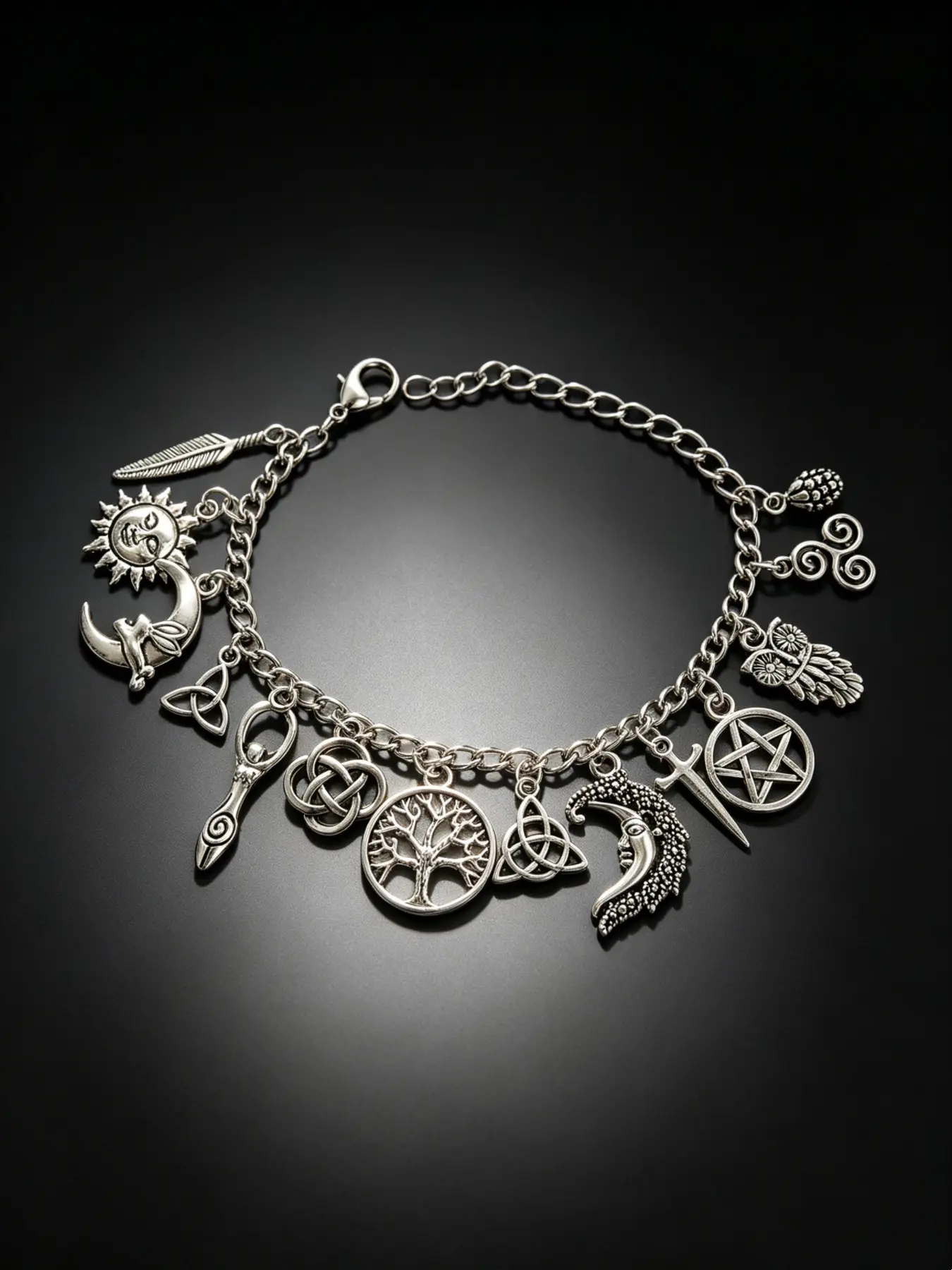 Vintage Witchy Charm Bracelet, Chain Bracelet - Silver-Tone Pagan-Inspired Jewelry with Moon, Sun, Tree of Life, Owl, Pentagram Charms - Celestial Gothic Boho Gift (Celestial Theme, Moon and Sun Symbol), Celestia