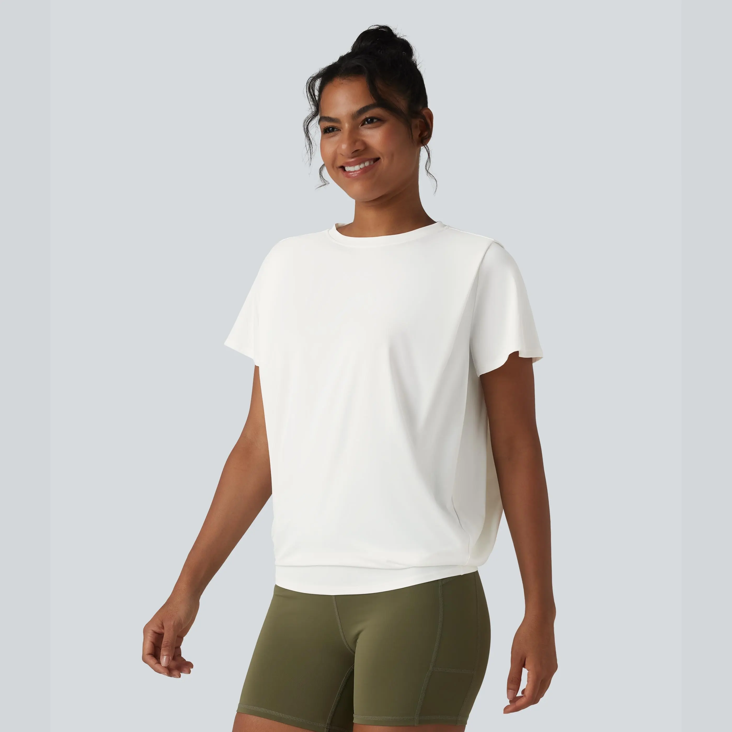 Halara Round Neck Short Sleeve Ruched Cool Touch Yoga Sports Top-UPF50+