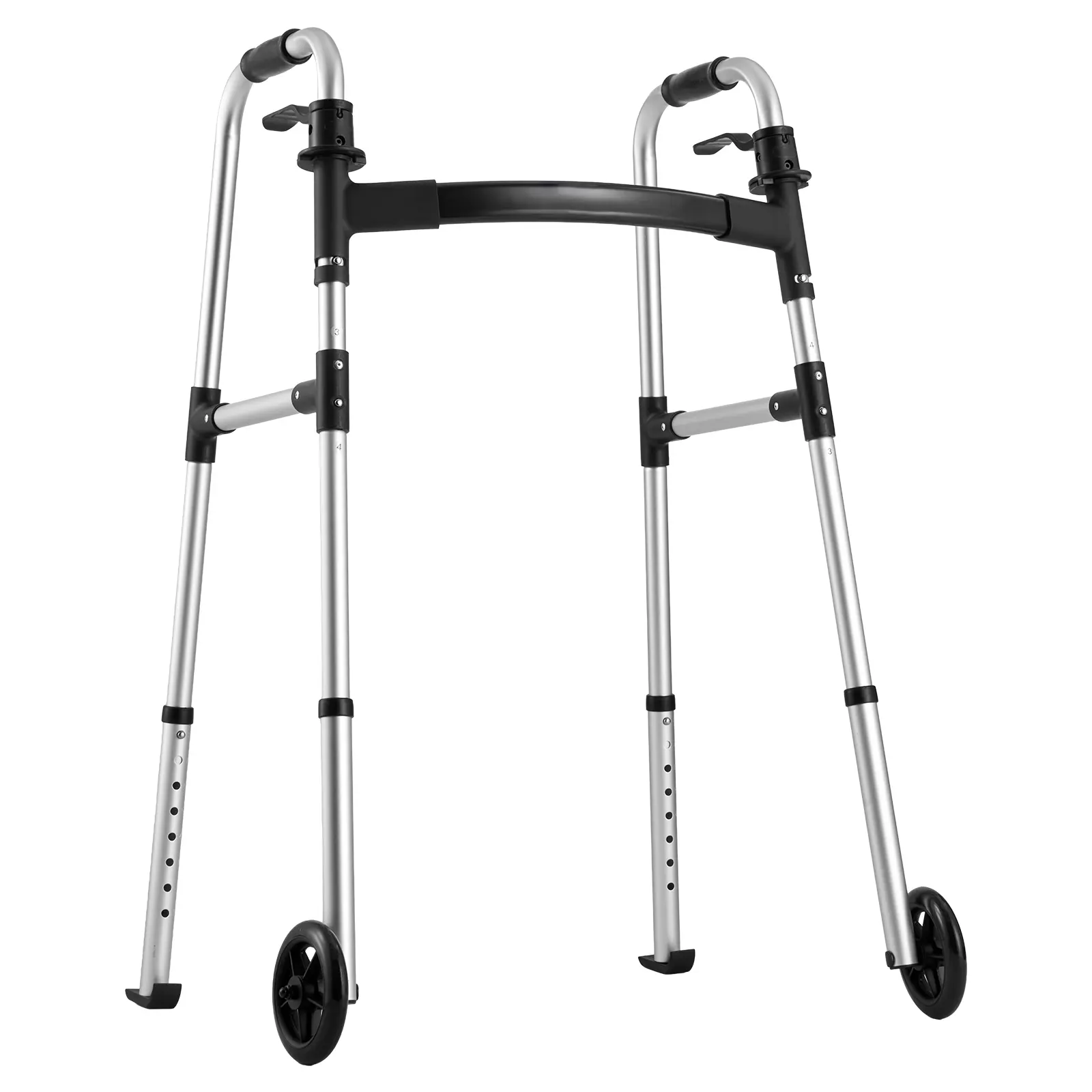 Folding Walker, 2-Button Foldable Walker with 5" Wheels & 8-Level Adjustable Height, 350LBS Loading Lightweight Aluminum Mobility Walking Aid, Front-Wheeled Rolling Walkers for Seniors Adults