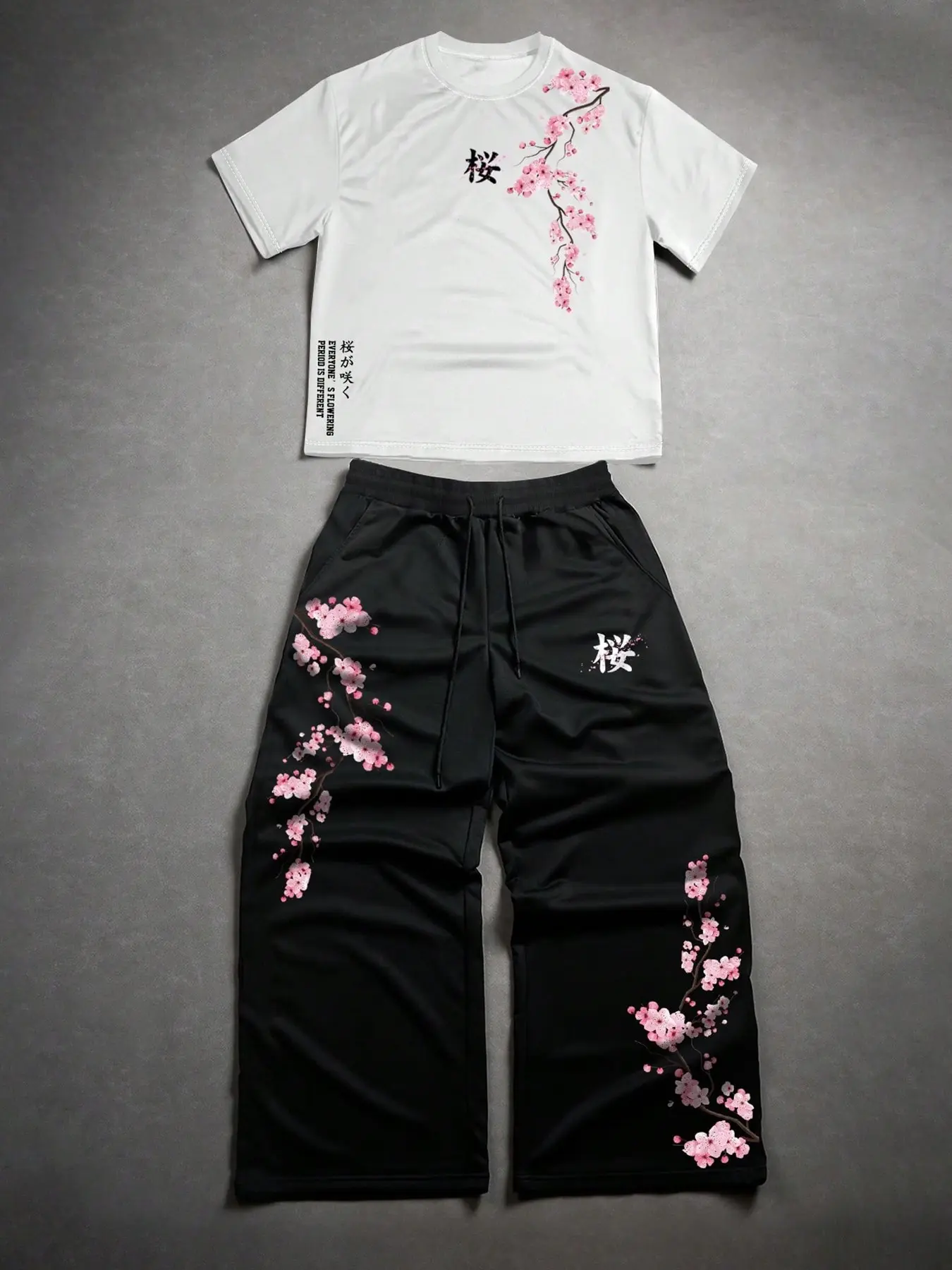 Men's White Cherry Blossom Branch Japanese Kanji Print Crew Neck Short Sleeve T Shirt Black Drawstring Baggy Wide Leg Pants 2 Pcs Co Ord Set, Loose Street Fit, Soft Light Smooth Fabric, Oriental Floral Trendy Daily Casual Two Piece Outfit