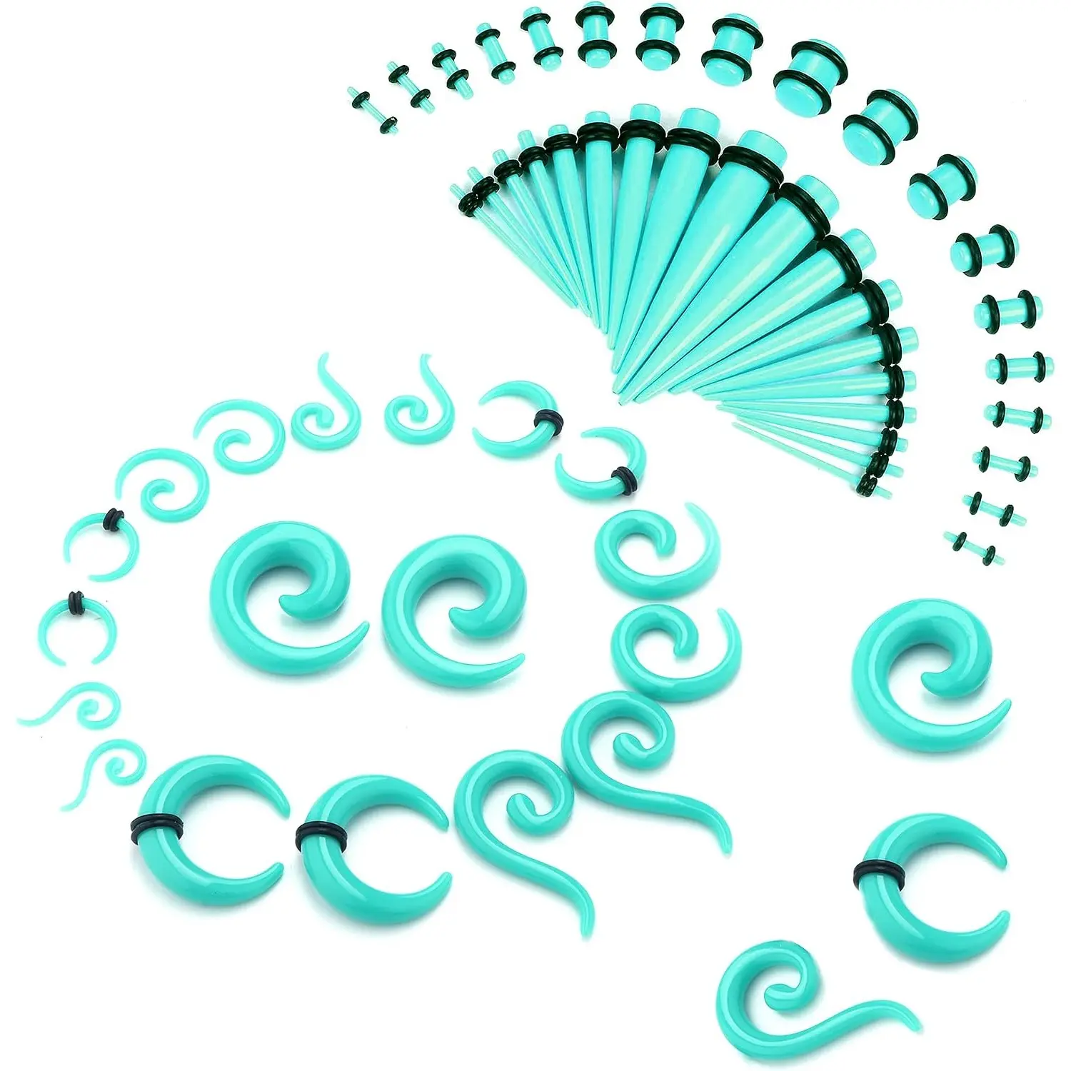 54 Pcs Ear Stretching Starter Kit, Acrylic & Silicone Tapers, Plugs, and Spiral Gauges, 14G-00G Unisex Body Piercing Jewelry Set, Casual, Daily Wear, Easy On/Off, Multi-Size, O-Ringed Hold