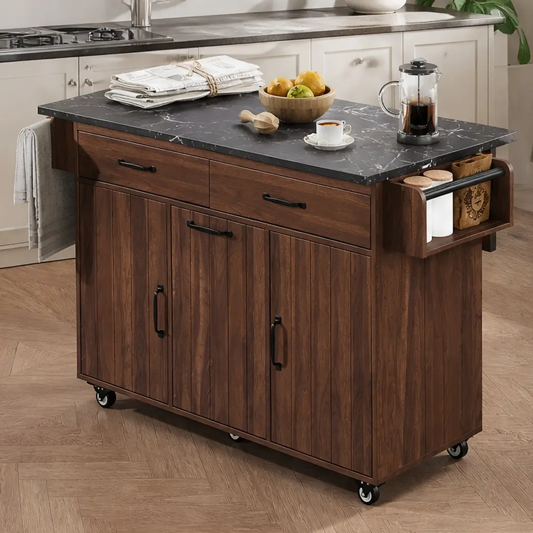 ARCH Kitchen Island with Trash Can Storage Cabinet, Rolling Kitchen Cart with Drop Leaf, Spice Rack, Towel Rack and Drawer, Adjustable Shelf, Multiple Color Options, Walnut Brown/Grey/White, Particle Board, 51x20.5x35 in, for Kitchen Dining Room
