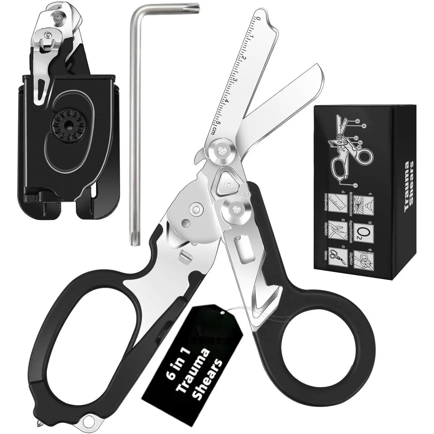 6 In 1 Multifunctional Trauma Shears, Emergency Response Shears, Stainless Foldable Shears With Holster, Medical Trauma Shears With Strap CutterBlack