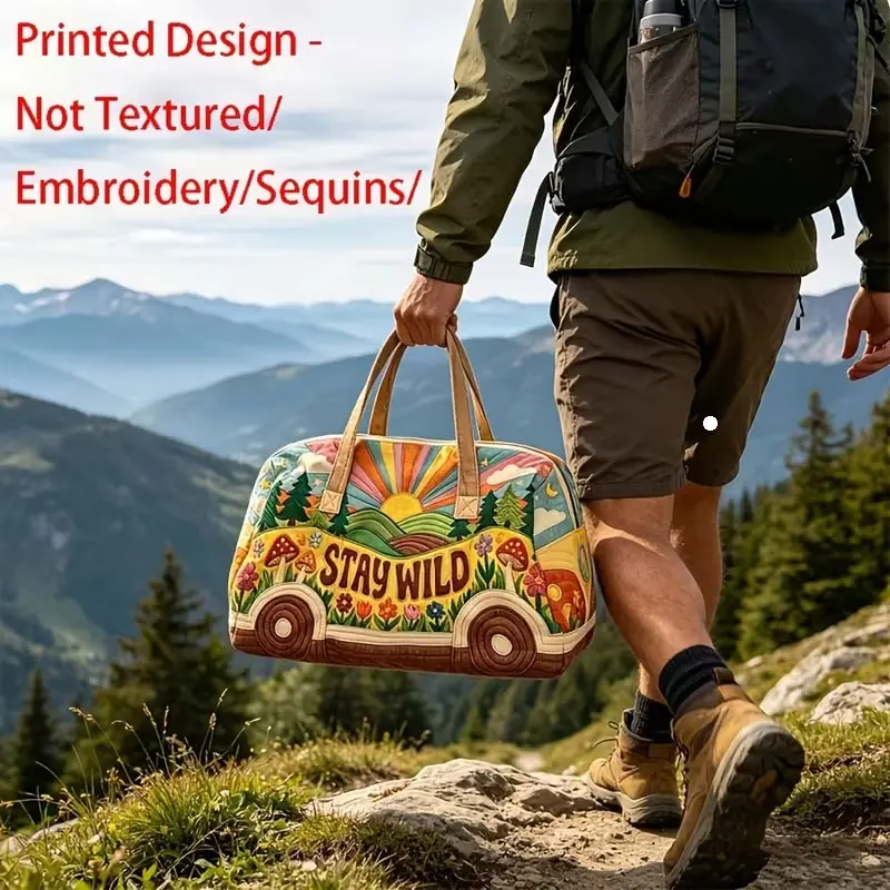 Bohemian-style vintage bus print travel bag, featuring full-page natural landscapes and vibrant colors with a free-spirited atmosphere. Large capacity handbag design, suitable for short trips, workouts or as a clothing storage bag. It is your fashionable