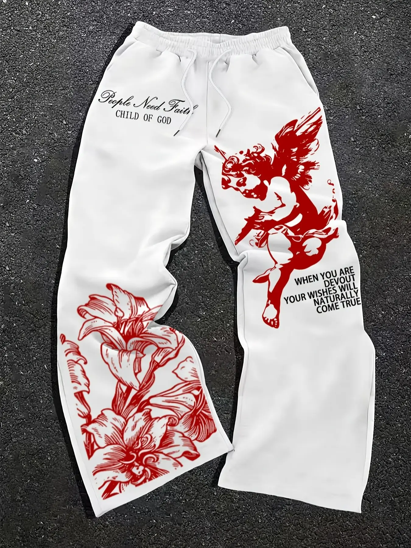 Oversized Angel Graphic Sweatpants, Y2K Red Cherub and Floral Print Wide Leg Joggers for Men, Streetwear Pants