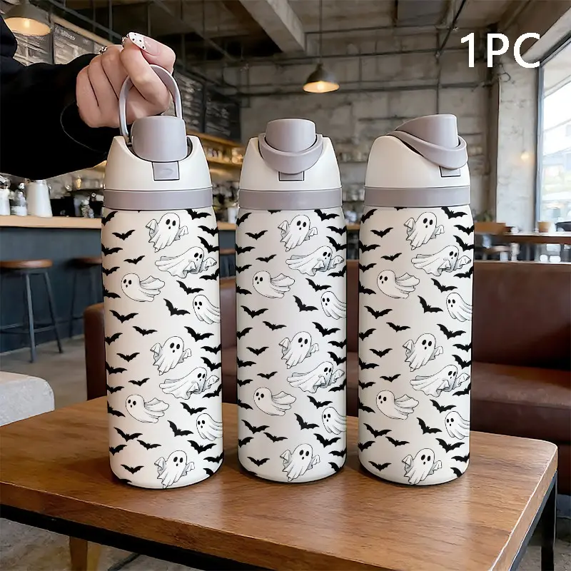 32oz Stainless Steel Water Bottle, Bat Ghost Design, Dual Spout, Insulated, Perfect Gift, Portable for Home, Outdoor, Daily Use
