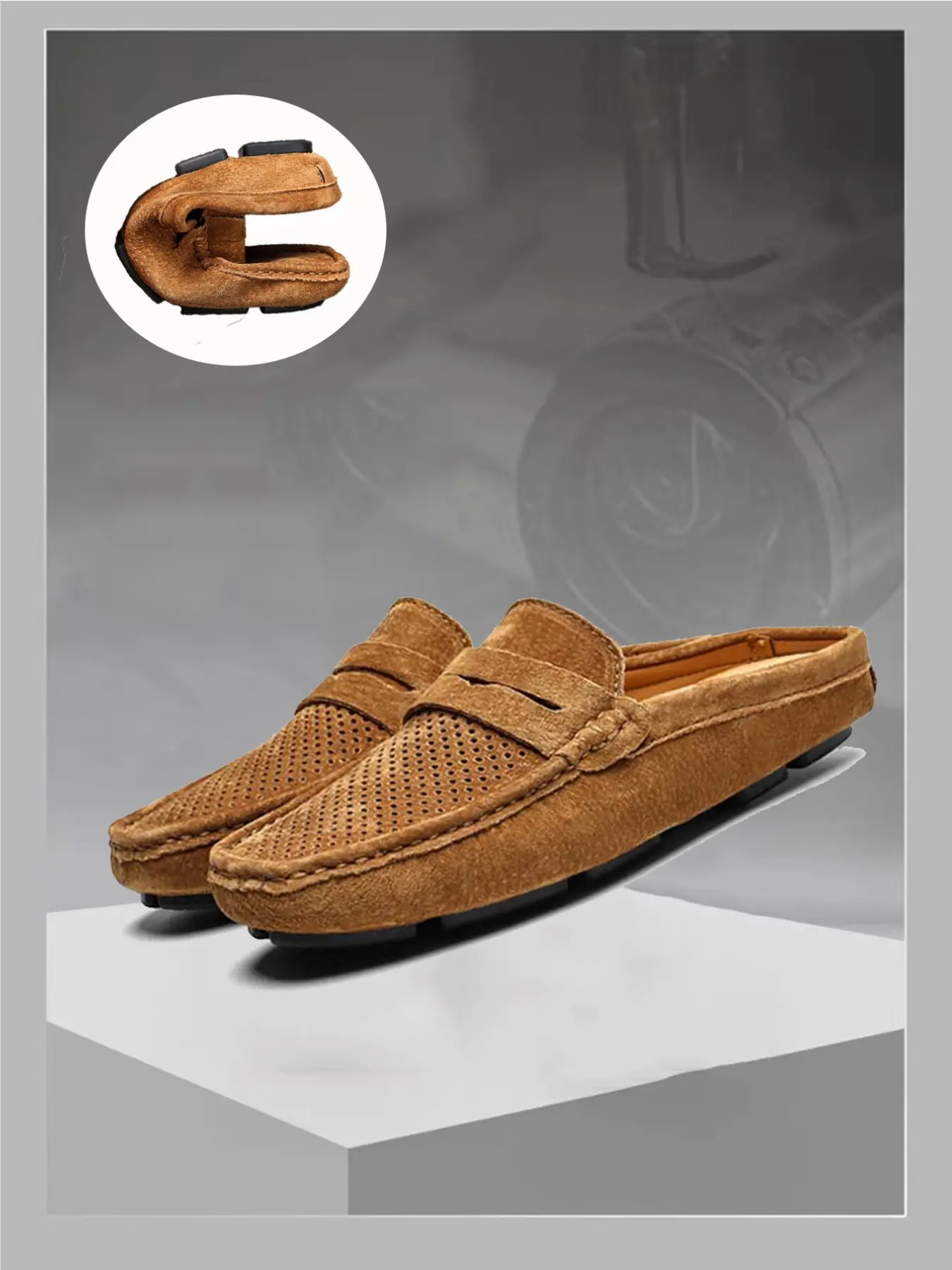 Men's Perforated Loafers Slip On Mule, Minimalist Stylish Style, Breathable Lightweight Non-Slip, Soft Flexible Suede Leather, Plus Size, Casual Wear Office Shoes, Non Slip Mules