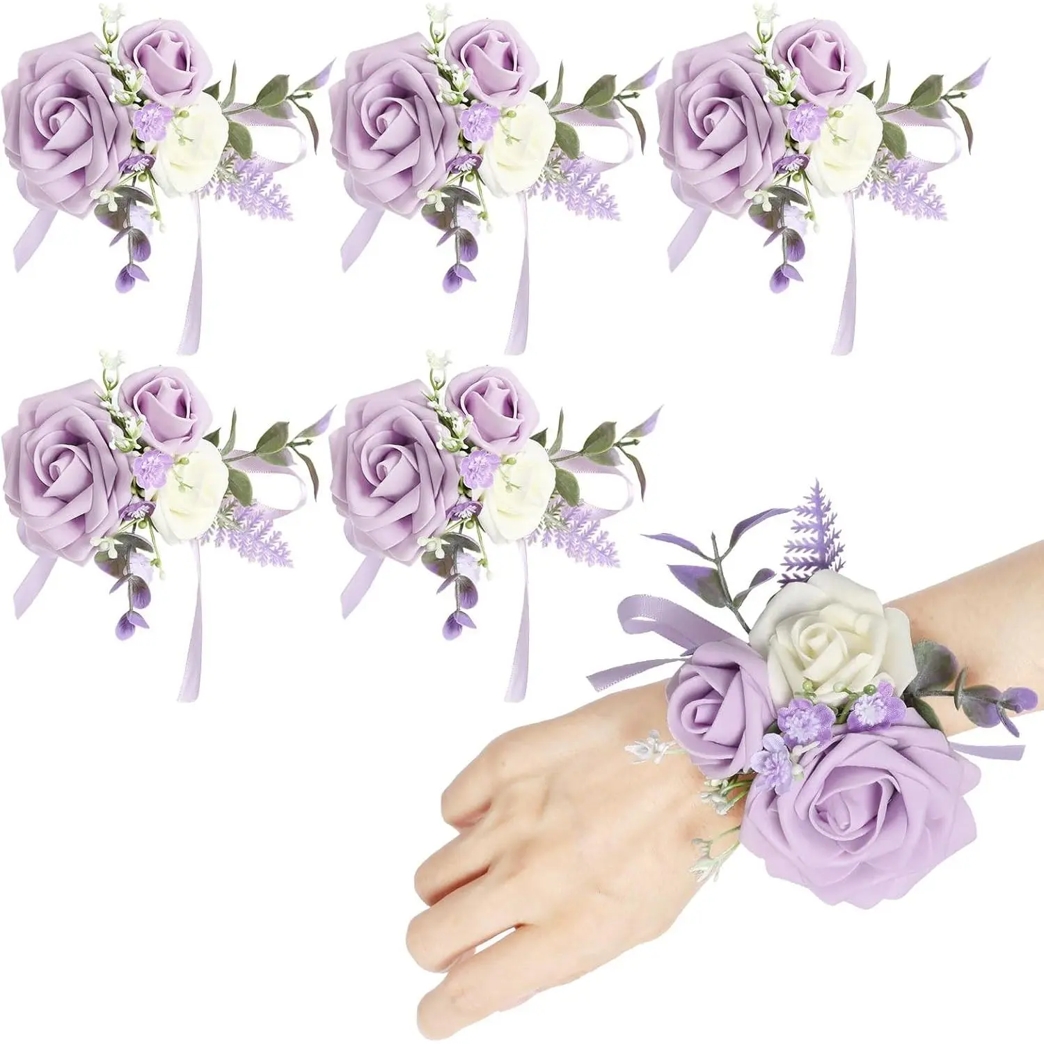 Purple Rose Formal Ribbon Wrist Corsage - Artificial Soft Rustic Hand Flower for Wedding Bridesmaids, Women's Wristlet Wristband for Homecoming Ceremony, Mothers, Handmade Look, Foam & Silk, Three Blooms