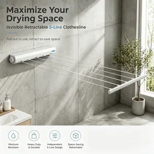White Minimalist Invisible Retractable Clothesline 5 Wire Heavy Duty Pull Out Wall Mount Laundry Drying Accessory Home Goods