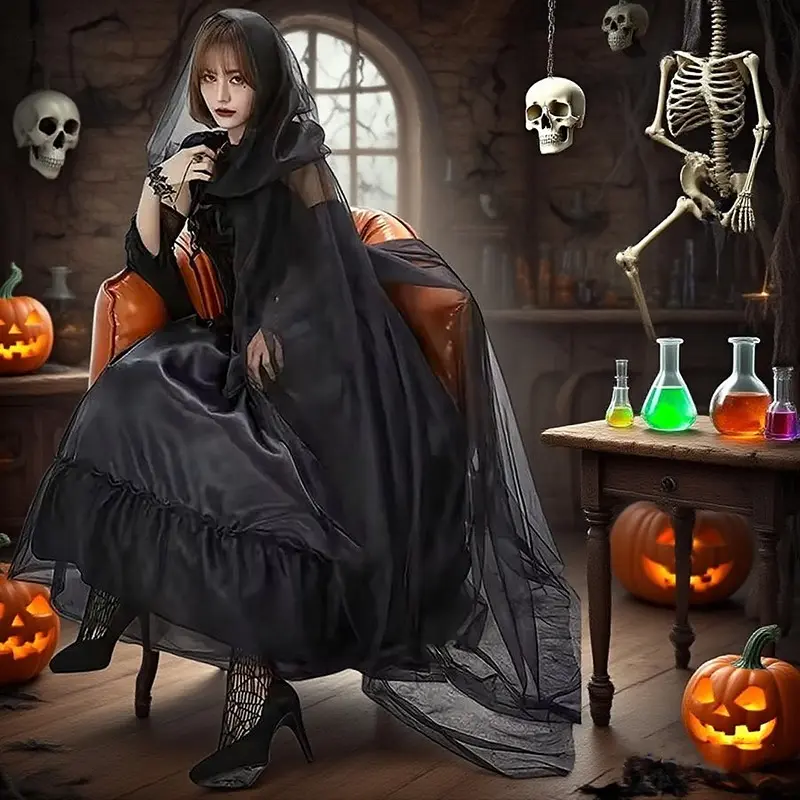 Goblin Cape with Hood, Long Polyester Vampire Halloween Gothic Ghost Sheer Silk Witch Costume, Role Play Party Dress Accessory