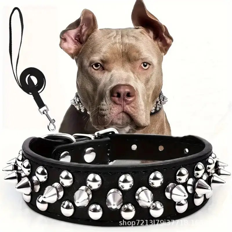 Punk Style Studded Dog Collar and Leash Set, Bullet Spike Rivet Dog Neck Collar, Adjustable PU Leather Dog Collar with Metal Chain Leash, Decorative Rock Goth Pet Accessories for Medium and Large Dogs