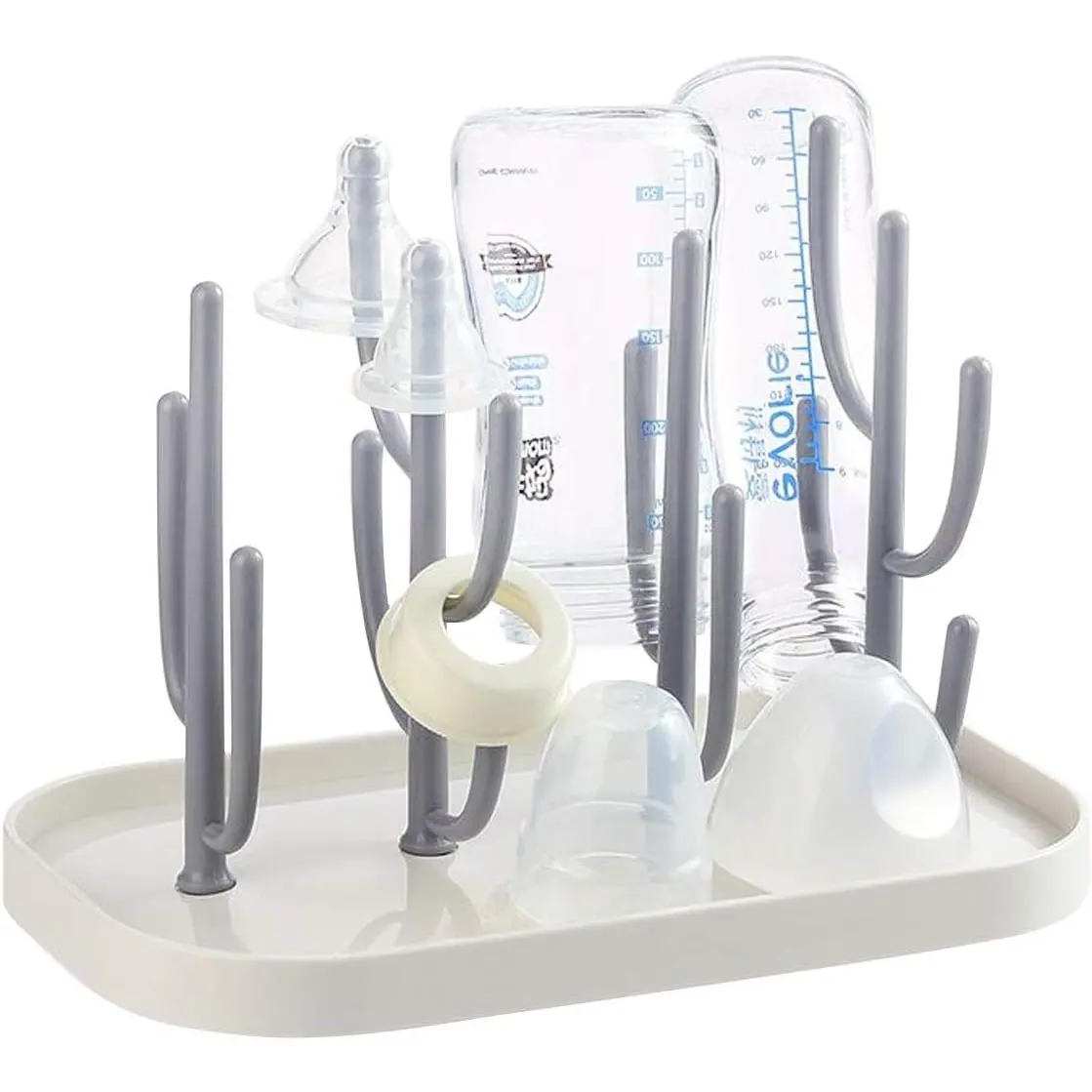Baby Bottle Drying Rack with Base, Creative Tree Branch Baby Bottle Dryer Holder for Bottles, Teats, Cups, Pump Parts and Accessories (Gray)