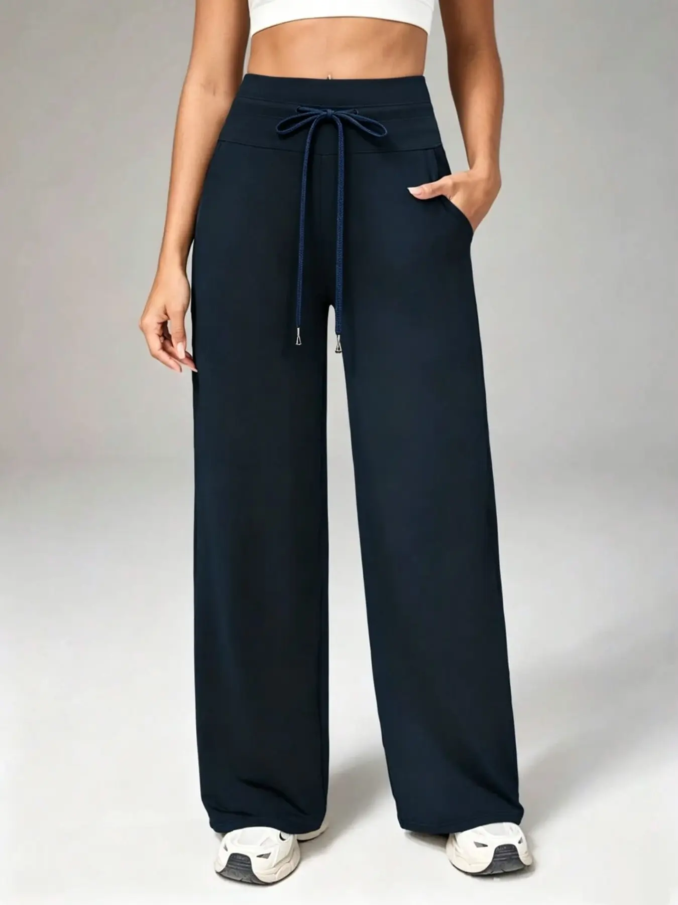 Women's High-Waisted Drawstring Wide-Leg Sport Pants, Loose Fit Straight Leg Sweatpants, Yoga Fitness Commute Casual Long Pants