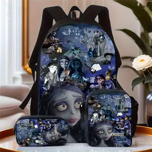 Corpse Bride Dark Blue Cemetery Butterfly Patchwork Three-Piece School Bag Set, including backpack, insulated lunch bag, and stationery storage bag, for daily use by teenagers