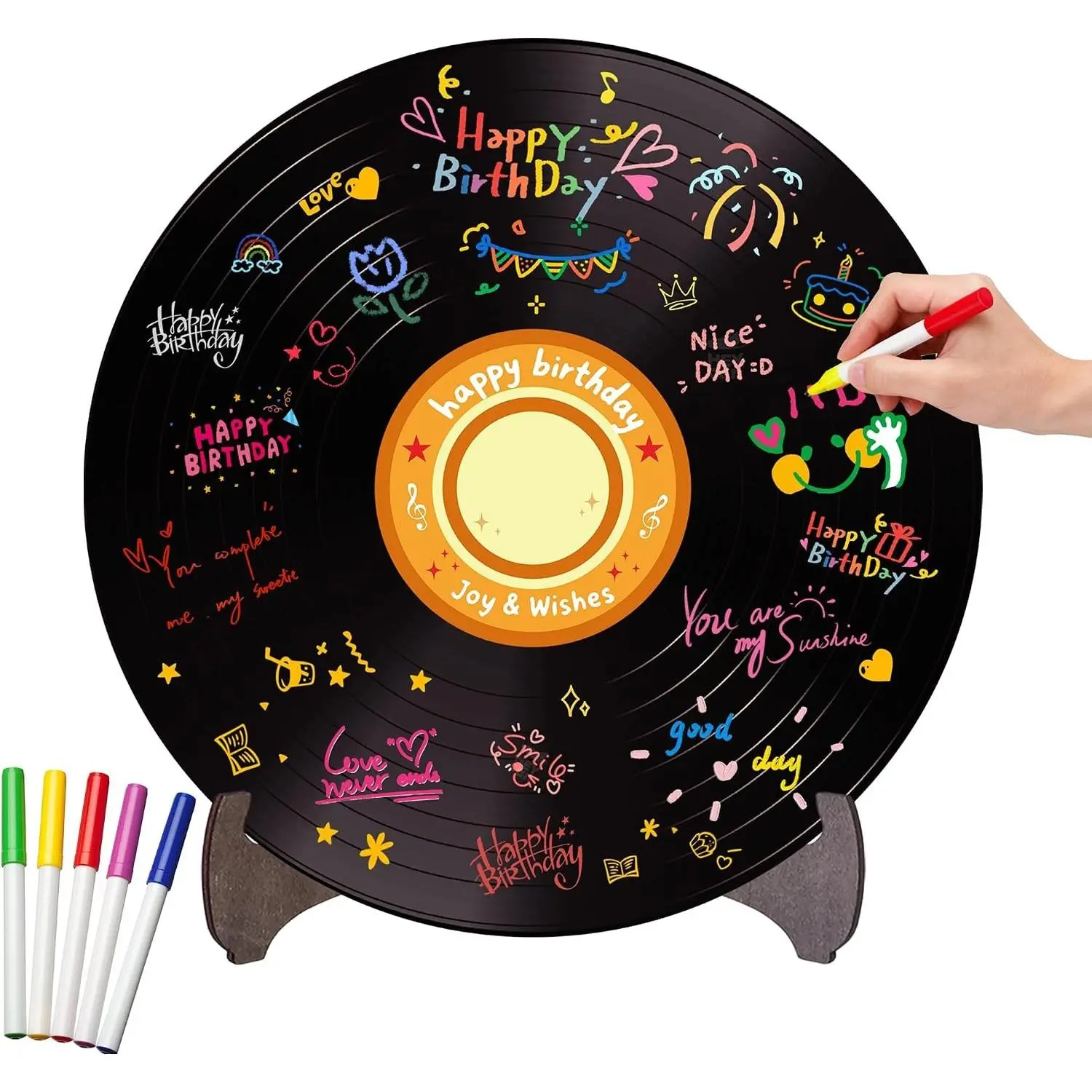 Vinyl Record Orange Birthday Decoration, Graffiti-Art Sign with Stand, Birthday Signature Guest Book for Men Women, Cheers to 10th 13th 16th 18th 21st 30th 40th Bday Signing Record Supply