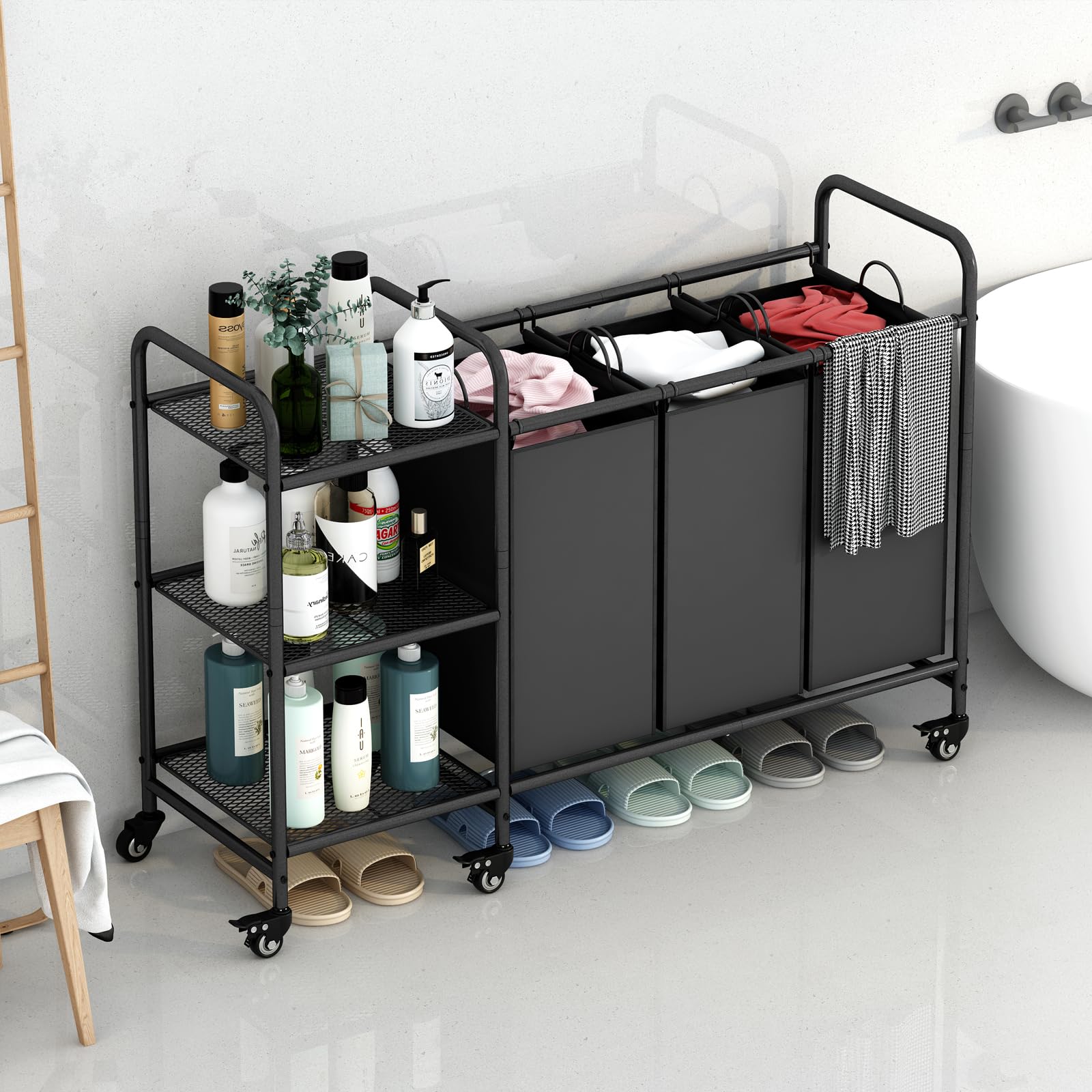 3-Bag Laundry Sorting Trolley with Storage Rack 3-Section Laundry Basket Sorter with 3-Tier Storage Rack with Lockable Rolling Wheels Laundry Separation Basket with Removable Bag for Dirty Clothes Deals For You Days 3-Bag Laundry Sorting Trolley with Storage Rack 3-Section Laundry Basket Sorter with 3-Tier Storage Rack with Lockable Rolling Wheels Laundry Separation Basket with Removable Bag for Dirty Clothes Deals For You Days