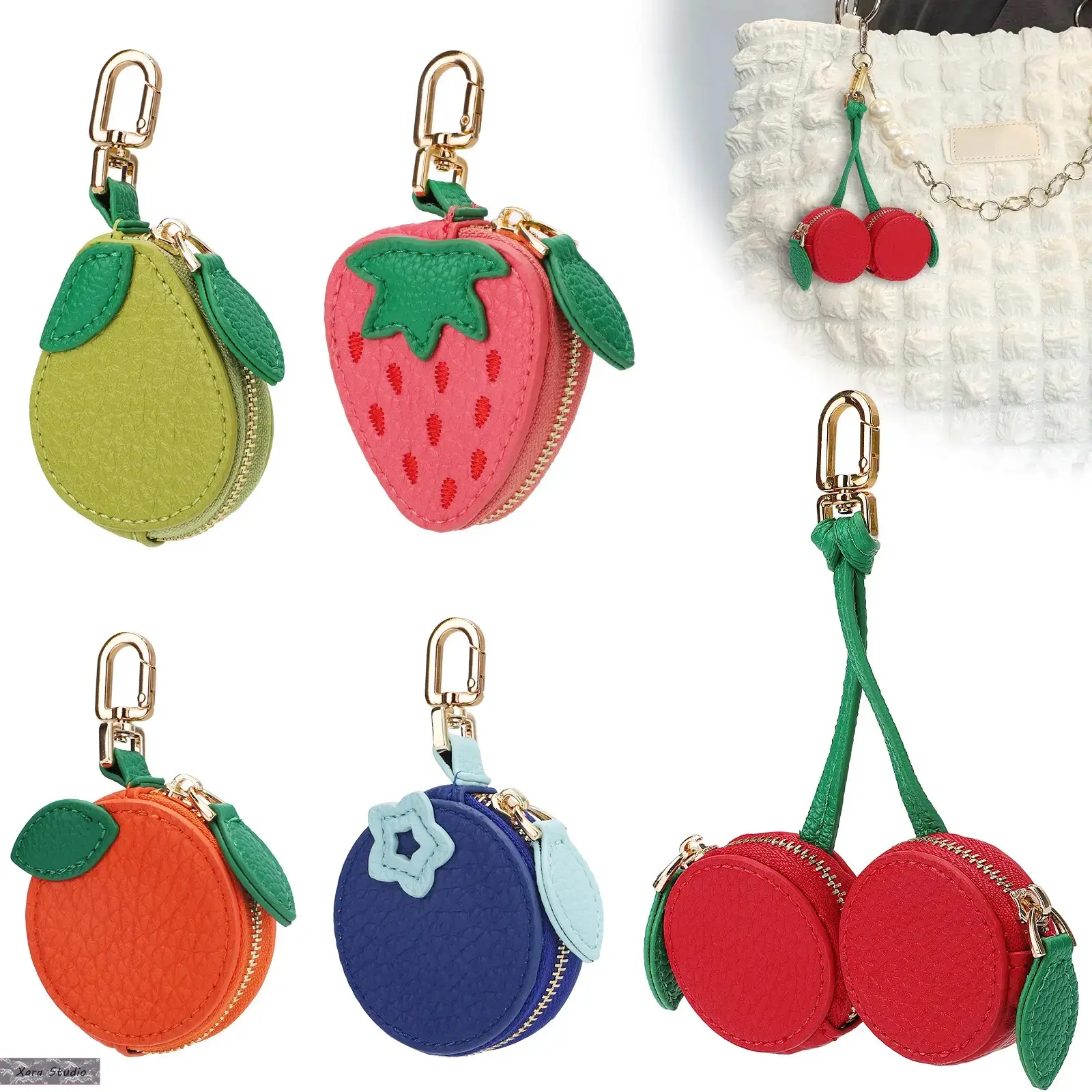 Kawaii Fruit Coin Purse for Women and Girls, Mini Polyester Zipper Pouch, Keychain Bag Charm for Earbuds and AirTag, Keychain Wristlet, Everyday