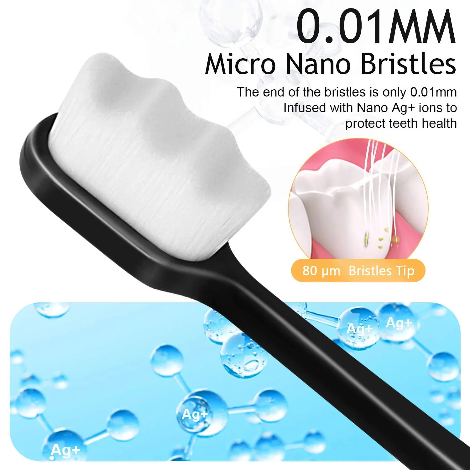 Adult Ultra Soft Manual Toothbrush for Sensitive Gums & Skin, 20000 Floss-Tip Bristles, Hypoallergenic, Ergonomic Non-Slip Grip, Travel-Friendly, Latex-Free, Black, Pack of 1, Soft Bristles Toothbrushes, Gentle Care, Oral