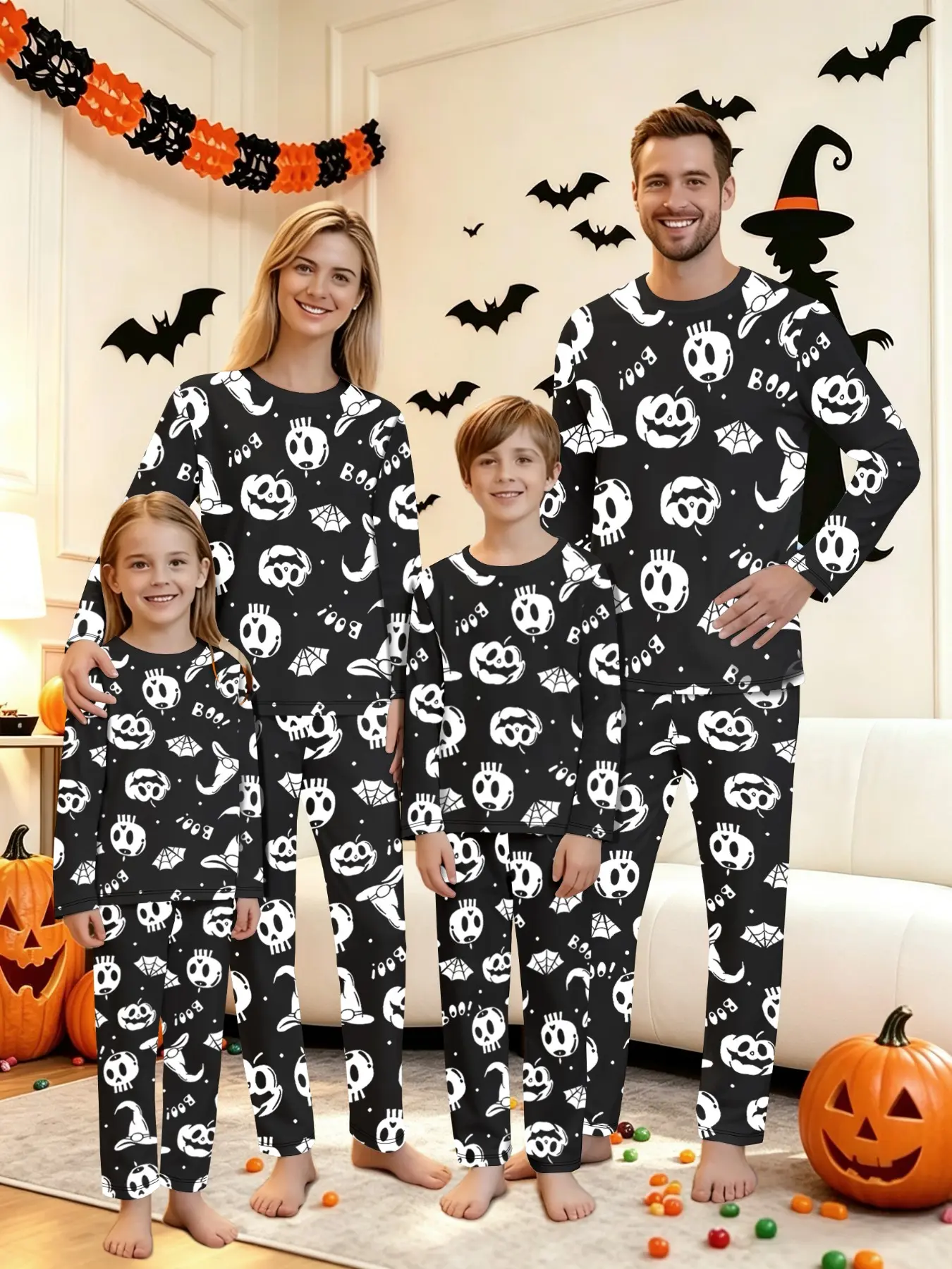 Family Halloween Pajama Set, 2-Piece Pumpkin Print Long Sleeve Sleepwear for Men Women Kids, Casual Loose-Fit All-Seasons Home