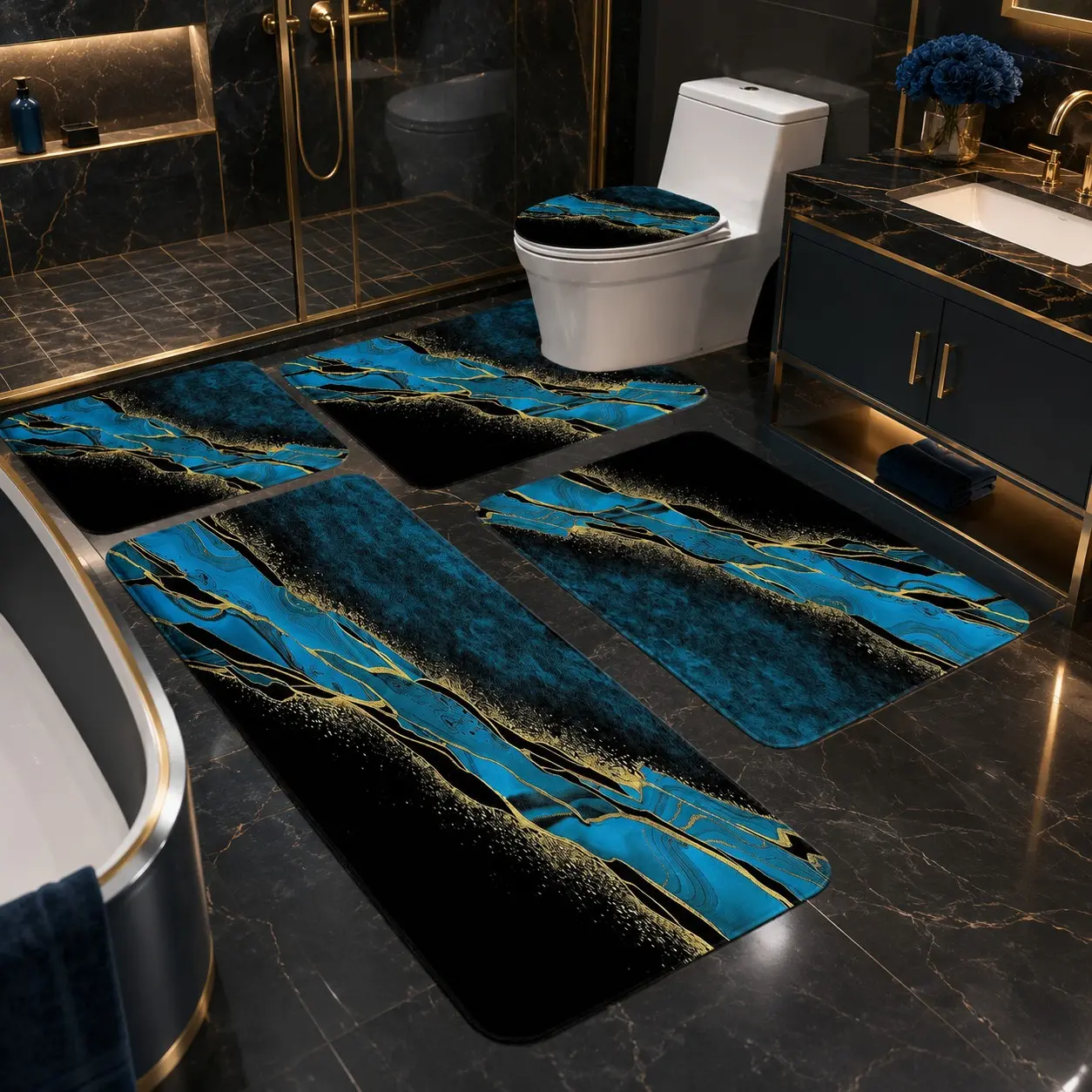 3/5Pcs Teal Black Gold Marble Bathroom Rug Set, Luxury Abstract Fluid Art Non-Slip Absorbent Bathroom Floor Mat, Bathroom Mats Set, Toilet Lid Cover & U-Shaped Mat, Modern Glam Bathroom Decor for Home, Bathroom Rugs Set