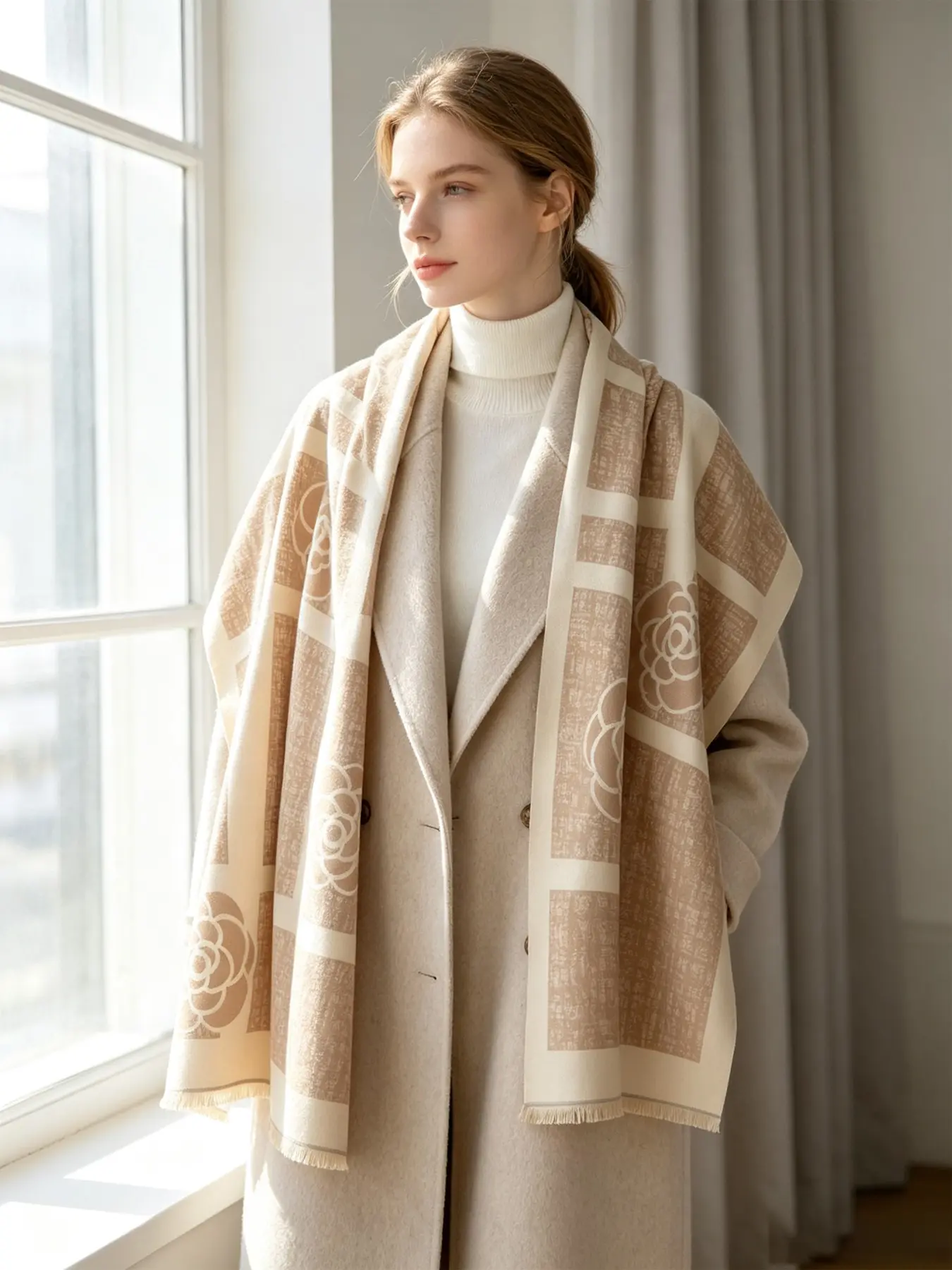 Fashion Retro Plaid Camellia Jacquard Scarf, 180x65cm Fall Winter Shawl, Perfect for Travel, Parties, Daily Wear