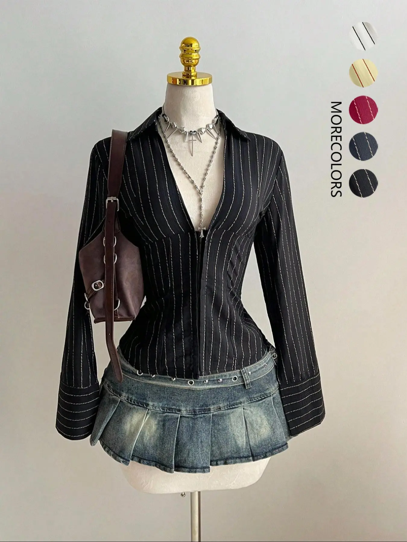 Elegant Women's Striped Long Sleeve Waist Cinching Irregular Hem Slimming Short Shirt Top, Versatile Stylish Boho Bohemian Vneck Blouse for Casual Wear, Bohemian Fitted Top, Blouses Shirts Tops, Womenswear