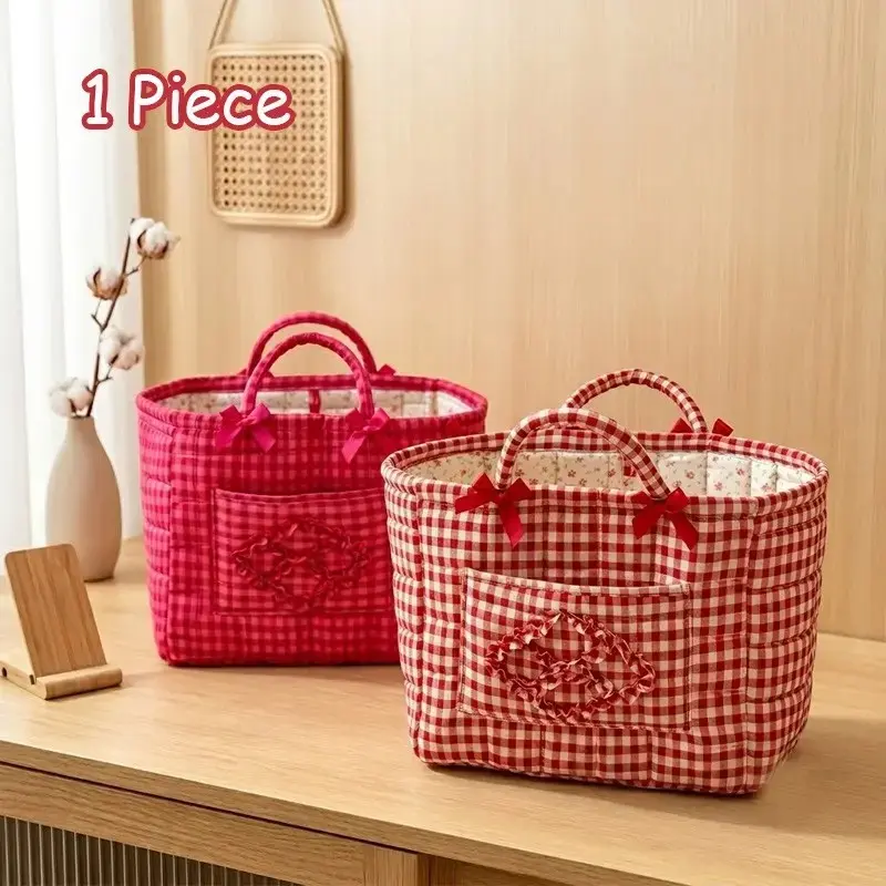 🎀 Coquette Bowknot Storage Basket ｜ Cute Quilted Plaid Desktop Organizer Tote ｜ Cotton Fabric Cosmetic & Snack Storage Box for Bedroom & Home Decor (Red Plaid, 1 Pc)