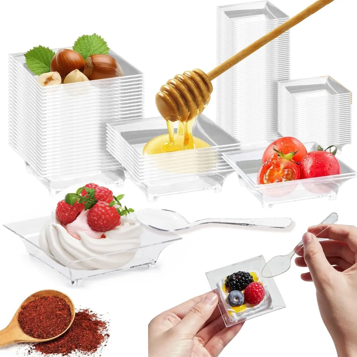 Mini Plastic Sauce Plates With Tasting Spoons, 2.5in Small Reusable Serving Trays for Fruit & Sauce, Perfect for Party Appetizers, Restaurant Sauce Dishes, Individual Stall Tastings & Christmas Holiday Parties