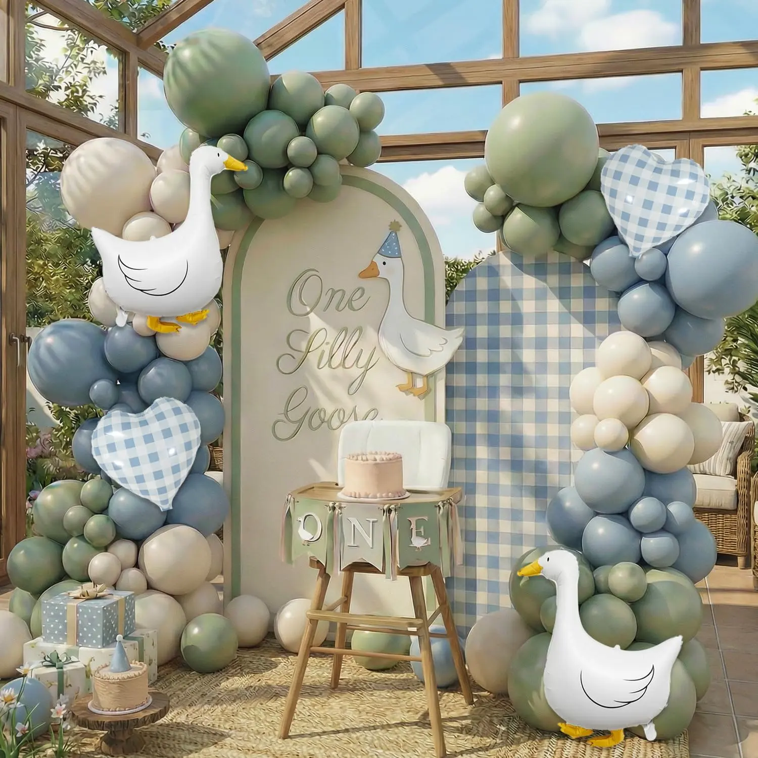 One Silly Goose Balloon Arch Kit – Sage Green Dusty Blue Balloon Garland with Goose gingham heart balloons, Vintage Goose Baby Shower Decorations, Boy or Girl Birthday Party Decor (146PCS)