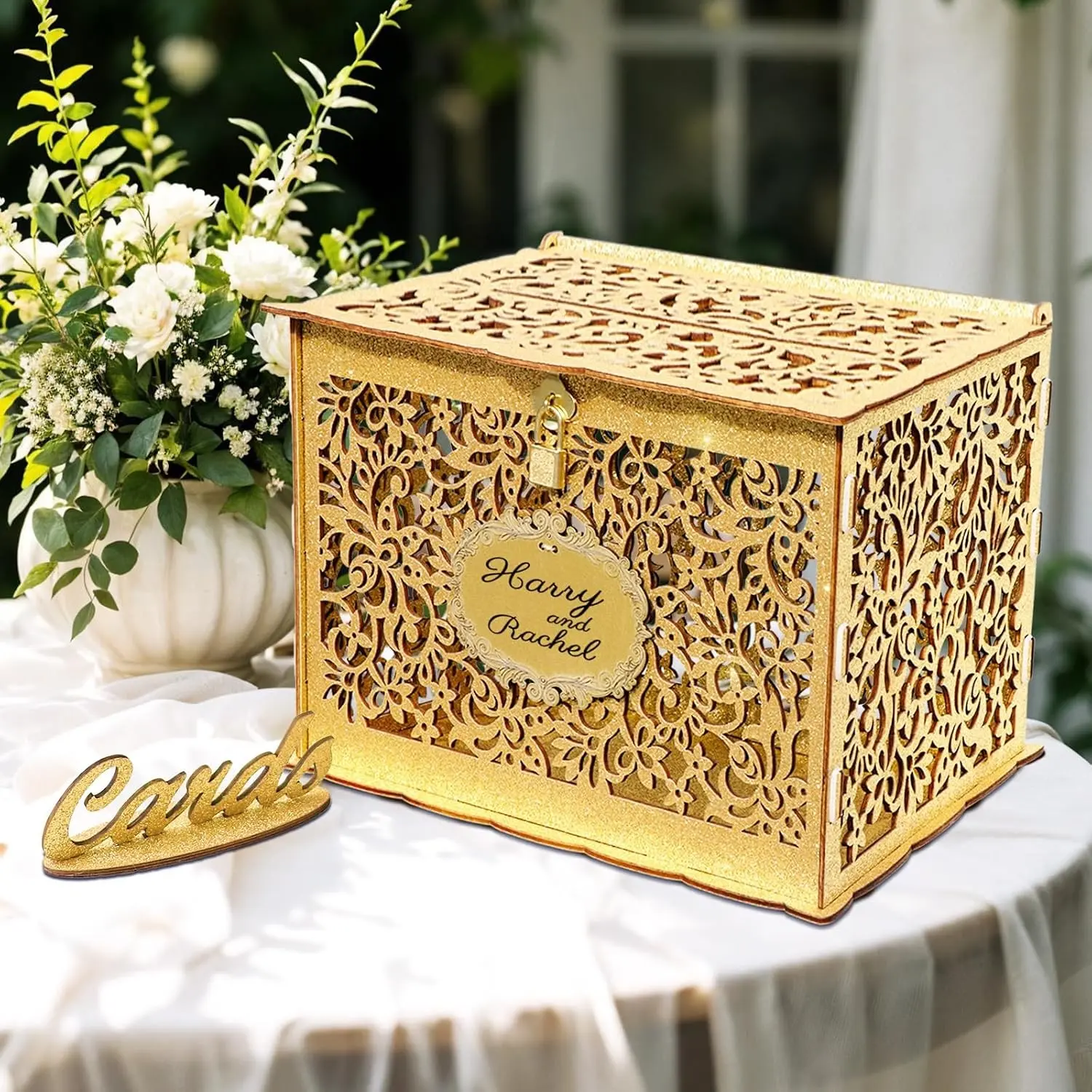 Glittery Gold Wedding Card Box with Lock, Wooden Gift Card Box for Wedding Reception, Envelope Box for Party, Graduation, Birthday, Baby Shower DecorationsGift