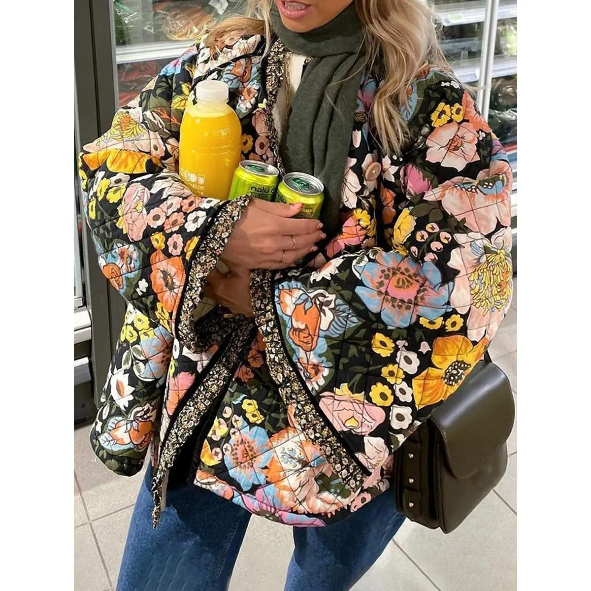 Lady's Winter Loose Quilted Jacket, Floral Print, Button-Down Long Sleeve Padded Warm Outerwear, Casual Tops for Outdoor Use, Polyester