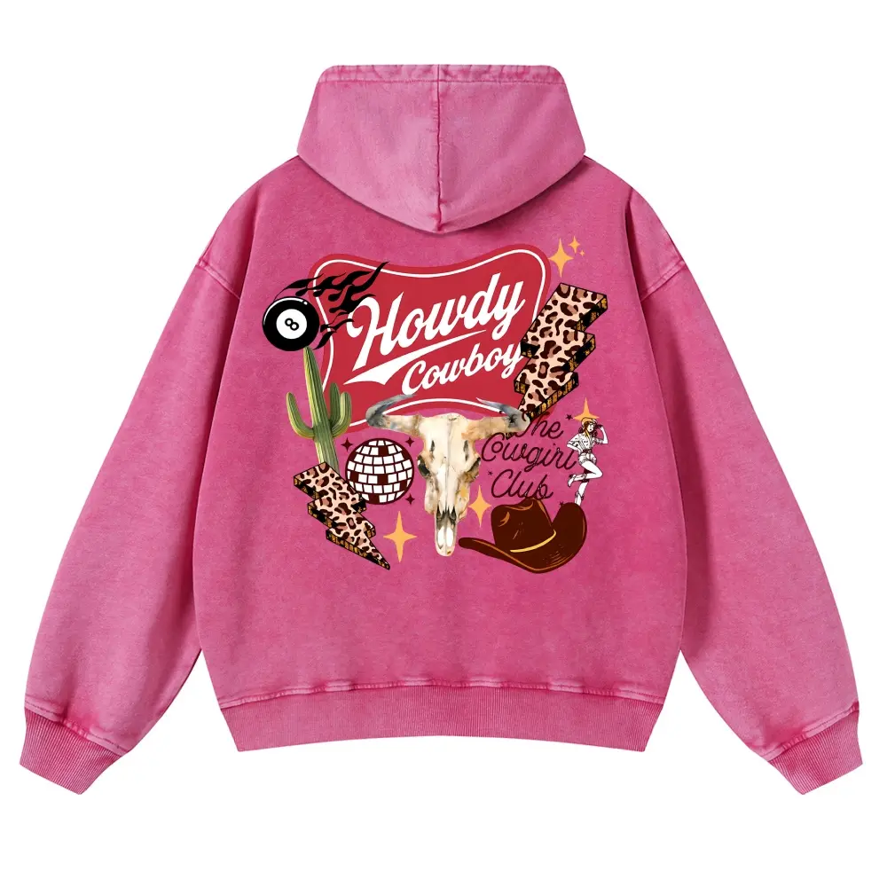 Vintage Western Rodeo Hoodie Oversized Acid Wash Howdy Cowboy Disco Ball Leopard Thunderbolt Graphic Sweatshirt Country Music Unisex Heavyweight Pullover