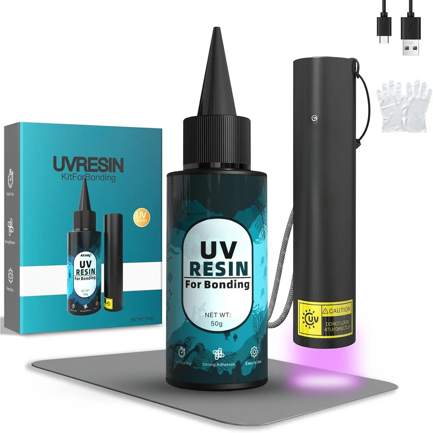 UV  Kit with Light, 50g UV  with Rechargeable 395NM UV Flashlight,  Curing in Seconds, UV Glue Adhesive for Bonding , Plastic, Glass &  Repair Kit with Mat, Gloves