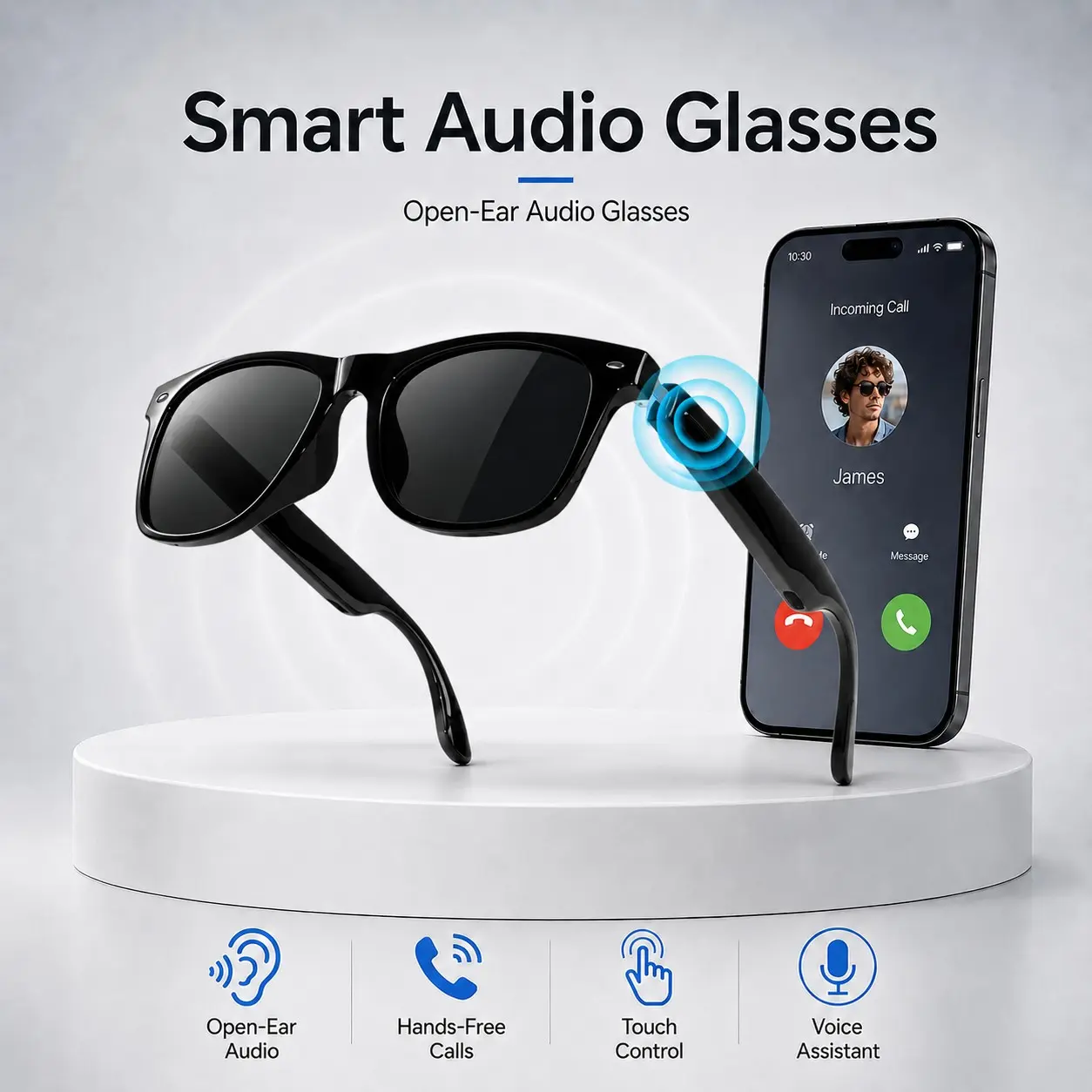Bluetooth Smart Glasses for Men Women, Wireless Headphone Glasses with Open-Ear Speakers, Hands-Free Calls, Touch Control, Voice Assistant and UV400 Lenses