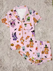 【Halloween】Cute Nostalgic Bear Halloween Pajama Set | Pink Spooky Cute Cartoon Sleepwear | Soft 2-Piece Short Sleeve Button Up Lounge Outfit | Fun Summeroween PJs