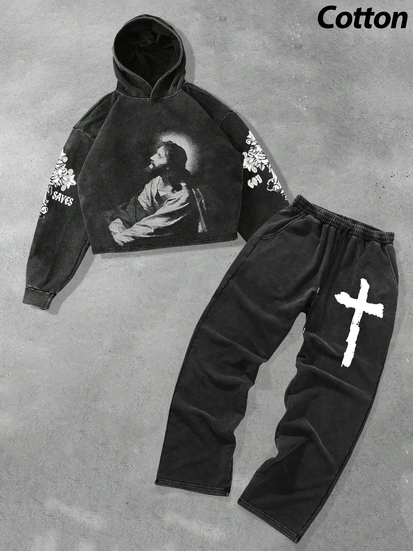 Men's Cotton Two-Piece Set, Jesus & Cross Graphic Hoodie and Drawstring Straight Leg Pants, Casual Street Fashion for Spring Fall Winter