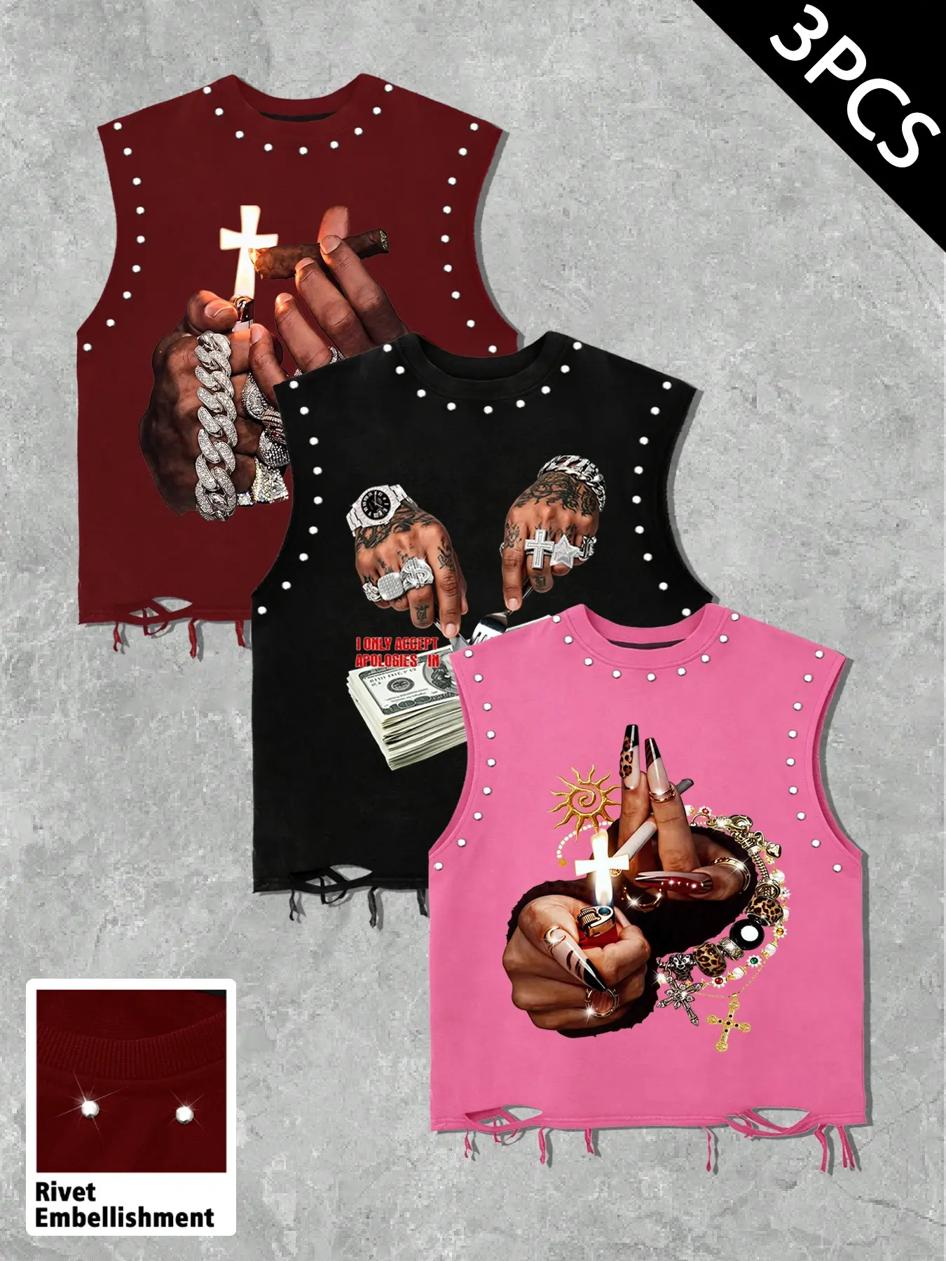 Summer Unisex Graphic Vest Set, Loose-Fit Sleeveless Top, Rivet Design & Ripped Hem, Casual Streetwear, 3-Piece