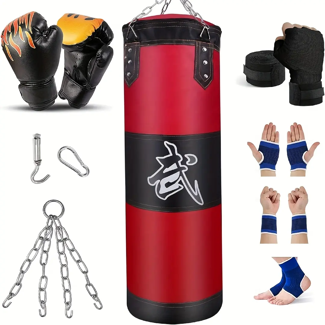 Heavy Unfilled Punching Bag for Adults, Complete Boxing Set Including Gloves, Wraps, Chain, And Ceiling Hook, Suitable for MMA, Kickboxing, Boxing, Karate, Muay Thai, And Taekwondo